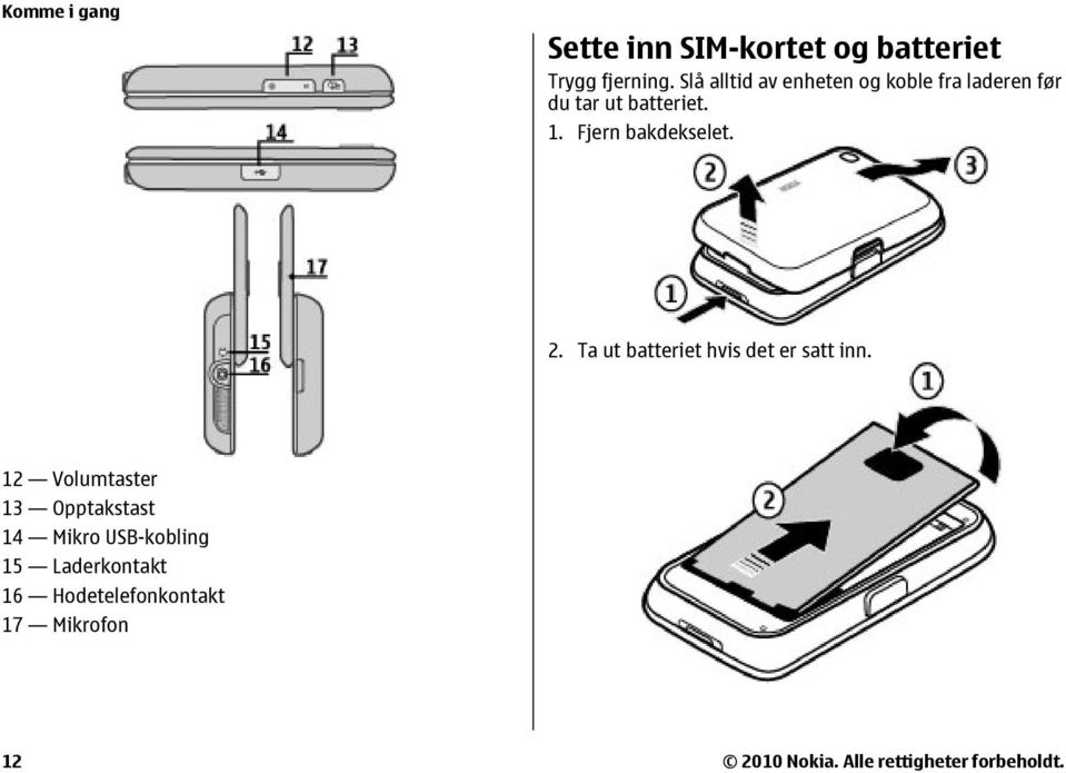 Fjern bakdekselet. 2. Ta ut batteriet hvis det er satt inn.