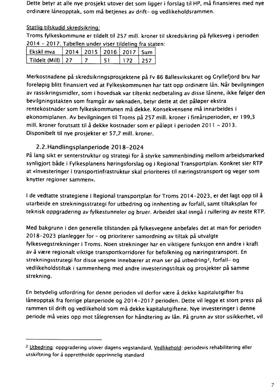 Tabellen under viser tildeling fra staten: Ekskl mva 2014 2015 2016 2017 Sum Tildelt (Mill) l 27 7 51 172 l257 Merkostnadene på skredsikringsprosjektene på Fv 86 Ballesvikskaret og Gryllefjord bru