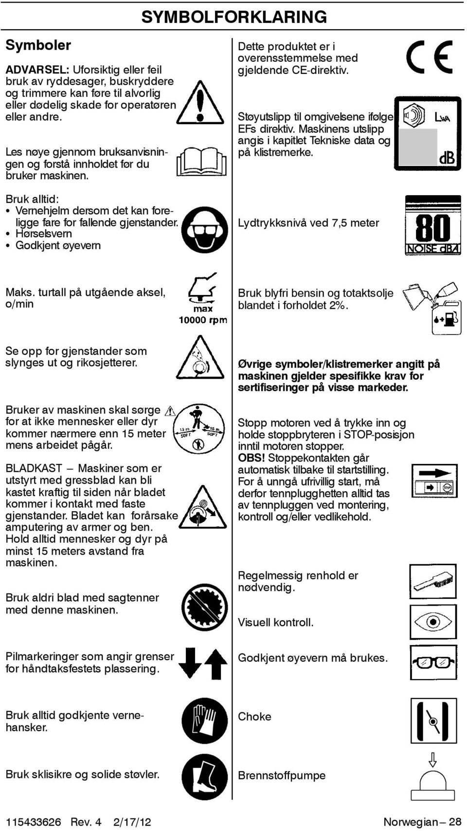 Støyutslipp til omgivelsene ifølge EFs direktiv. Maskinens utslipp angis i kapitlet Tekniske data og på klistremerke. Bruk alltid: S Vernehjelm dersom det kan foreligge fare for fallende gjenstander.