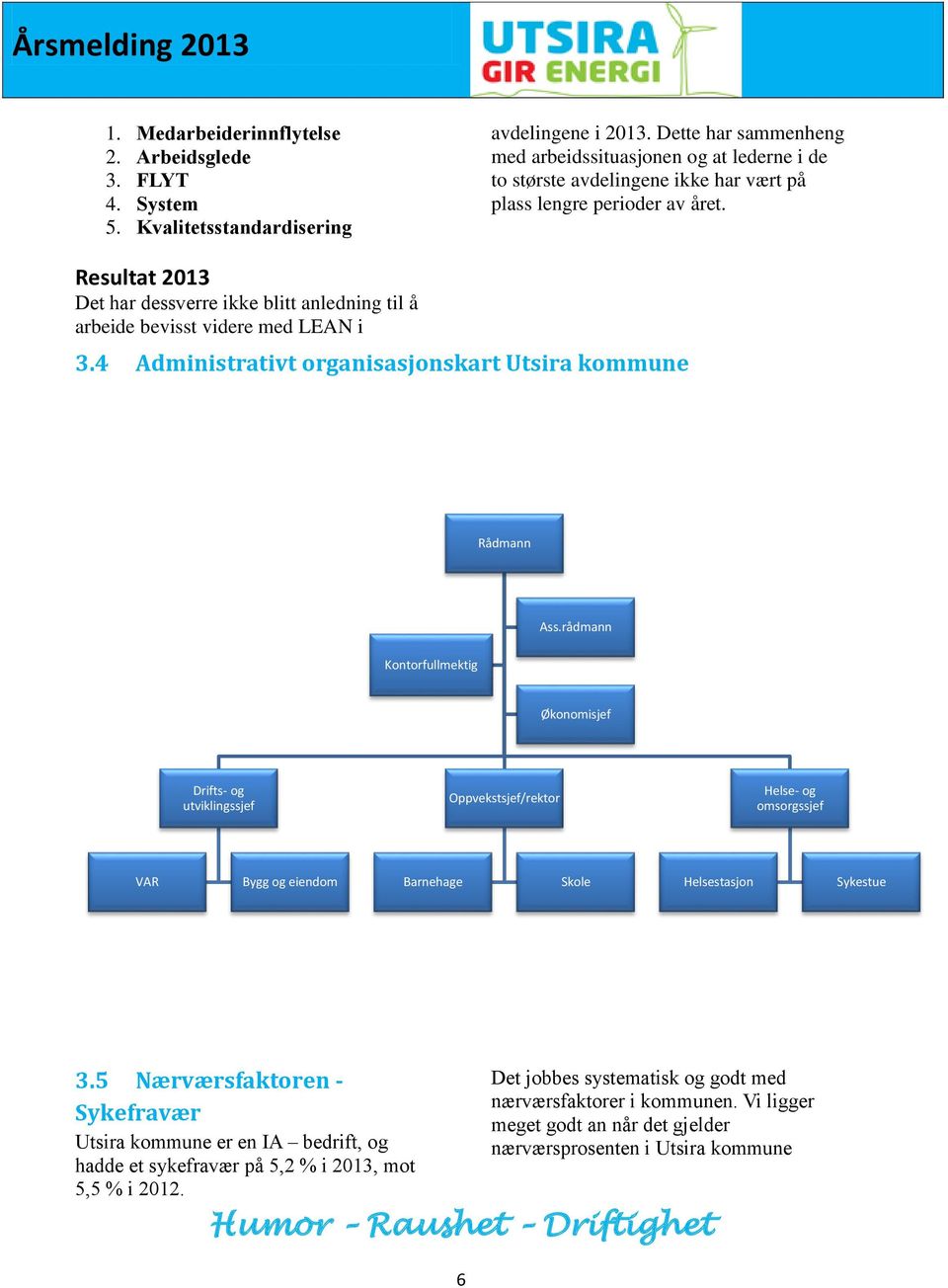 Resultat 2013 Det har dessverre ikke blitt anledning til å arbeide bevisst videre med LEAN i 3.4 Administrativt organisasjonskart Utsira kommune Rådmann Ass.