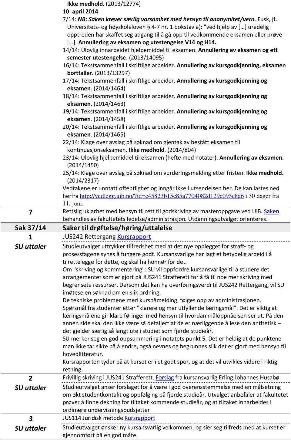 14/14: Ulovlig innarbeidet hjelpemiddel til eksamen. Annullering av eksamen og ett semester utestengelse. (2013/14095) 16/14: Tekstsammenfall i skriftlige arbeider.