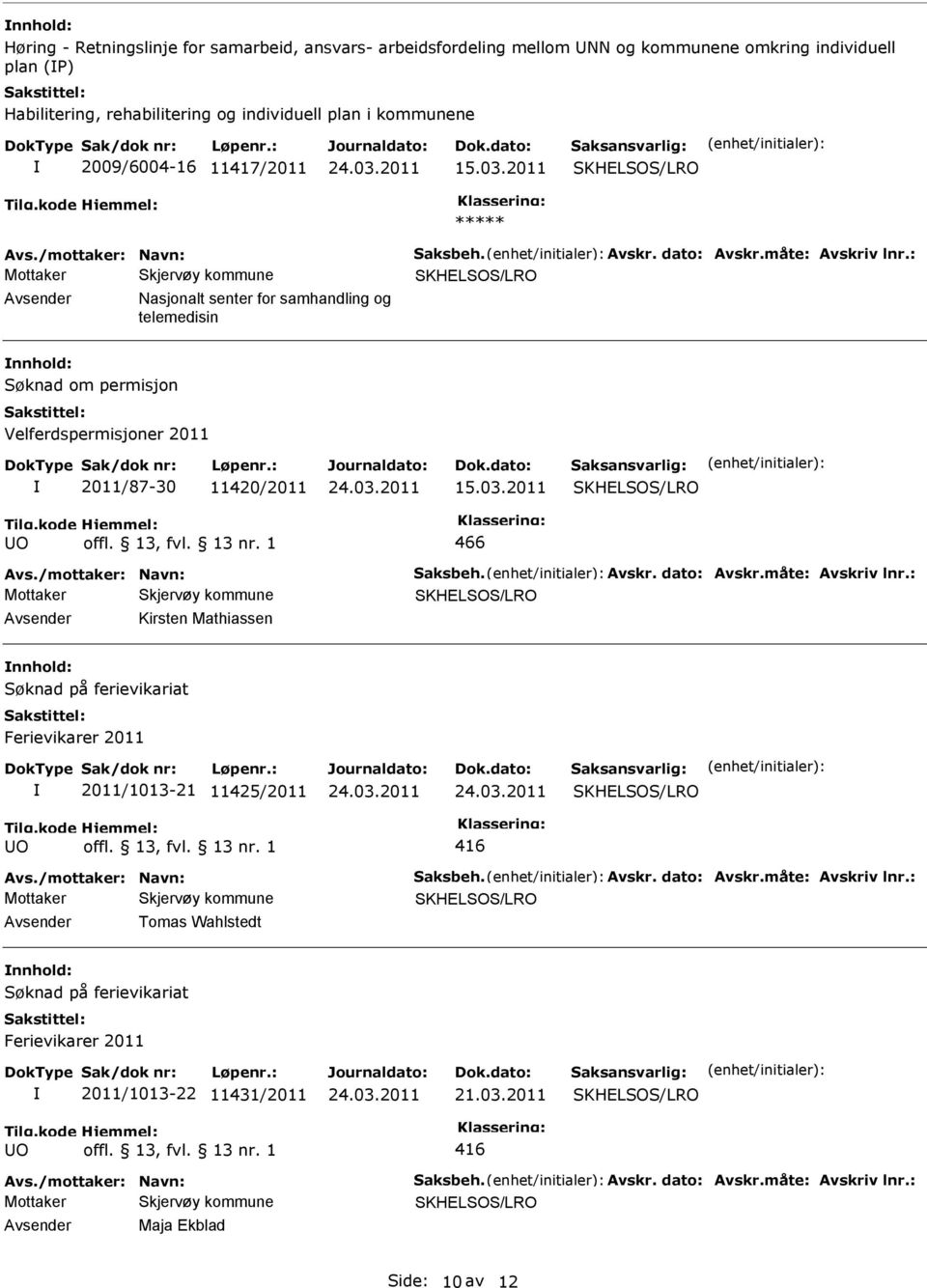 : Nasjonalt senter for samhandling og telemedisin Søknad om permisjon Velferdspermisjoner 2011 2011/87-30 11420/2011 15.03.2011 O 466 Avs./mottaker: Navn: Saksbeh. Avskr. dato: Avskr.