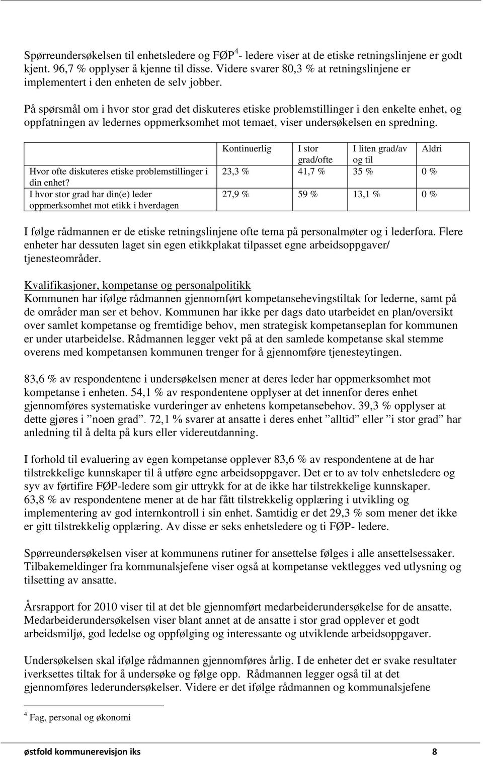 På spørsmål om i hvor stor grad det diskuteres etiske problemstillinger i den enkelte enhet, og oppfatningen av ledernes oppmerksomhet mot temaet, viser undersøkelsen en spredning.