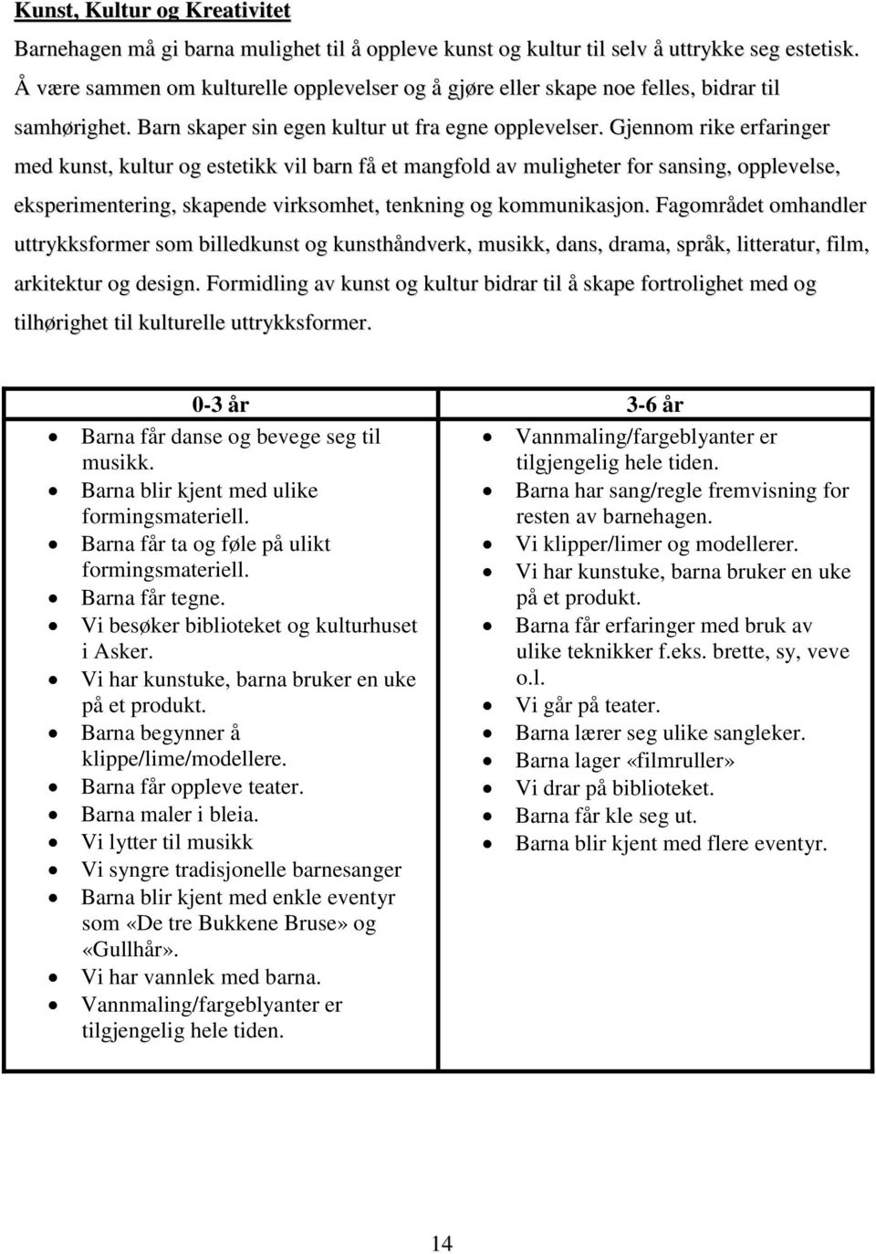 Gjennom rike erfaringer med kunst, kultur og estetikk vil barn få et mangfold av muligheter for sansing, opplevelse, eksperimentering, skapende virksomhet, tenkning og kommunikasjon.