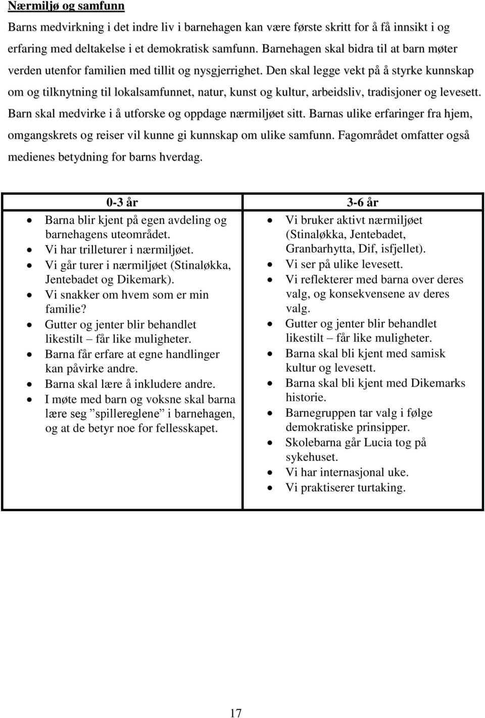 Den skal legge vekt på å styrke kunnskap om og tilknytning til lokalsamfunnet, natur, kunst og kultur, arbeidsliv, tradisjoner og levesett. Barn skal medvirke i å utforske og oppdage nærmiljøet sitt.