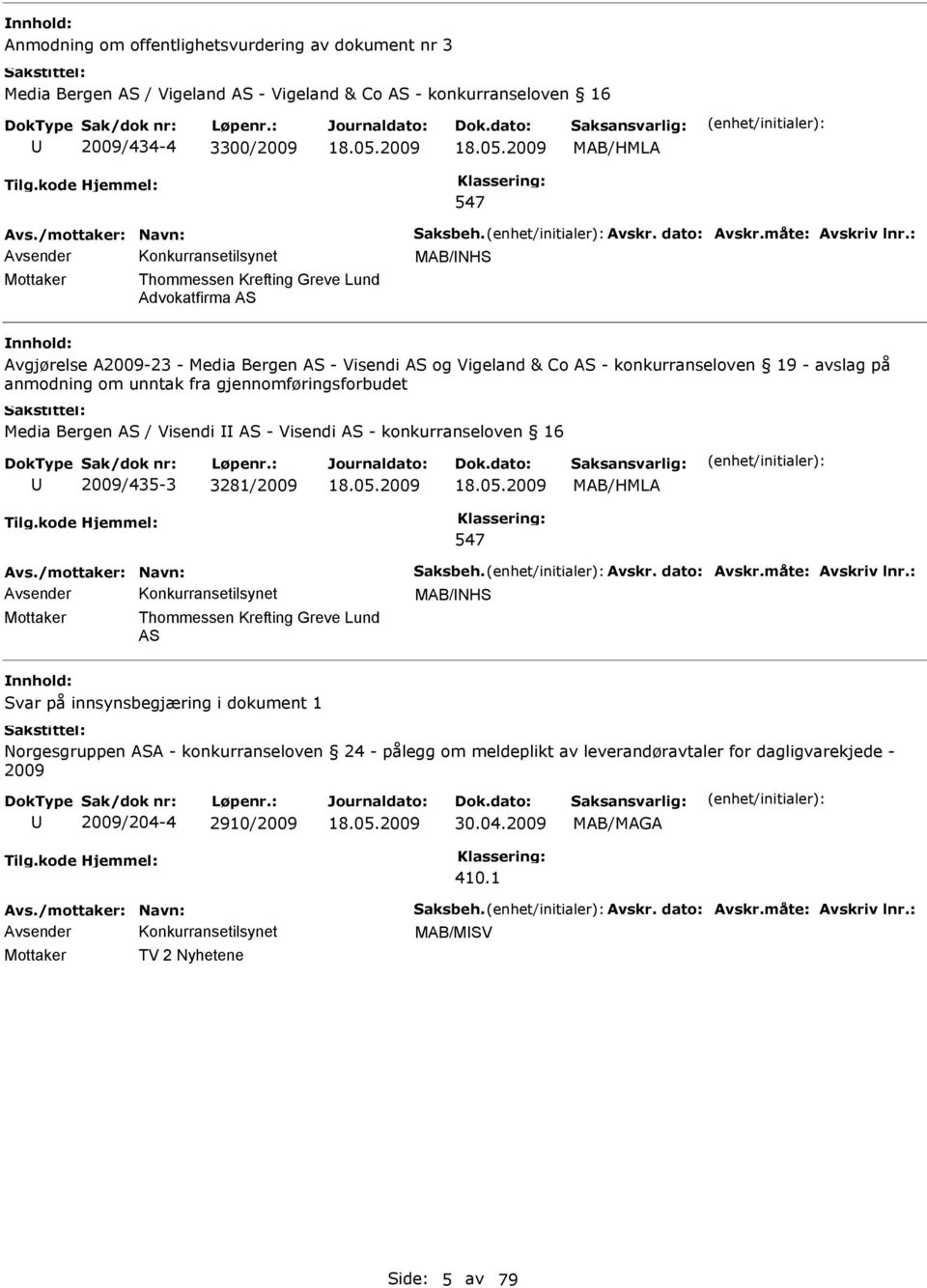 : MAB/NHS Mottaker Thommessen Krefting Greve Lund Advokatfirma AS nnhold: Avgjørelse A2009-23 - Media Bergen AS - Visendi AS og Vigeland & Co AS - konkurranseloven 19 - avslag på anmodning om unntak