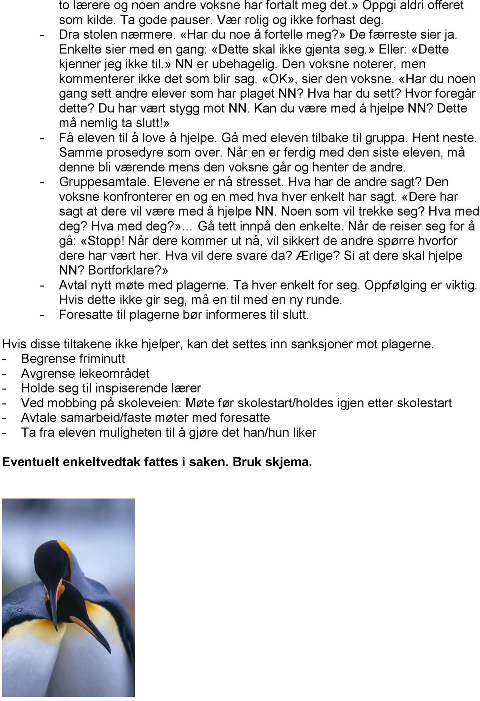 «OK», sier den voksne. «Har du noen gang sett andre elever som har plaget NN? Hva har du sett? Hvor foregår dette? Du har vært stygg mot NN. Kan du være med å hjelpe NN? Dette må nemlig ta slutt!