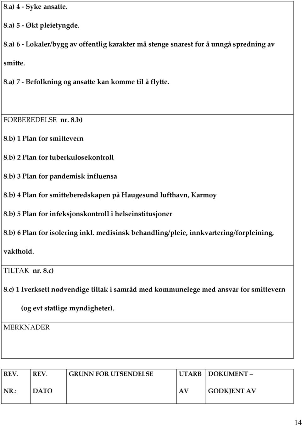 b) 5 Plan for infeksjonskontroll i helseinstitusjoner 8.b) 6 Plan for isolering inkl. medisinsk behandling/pleie, innkvartering/forpleining, vakthold. TILTAK nr. 8.c) 8.