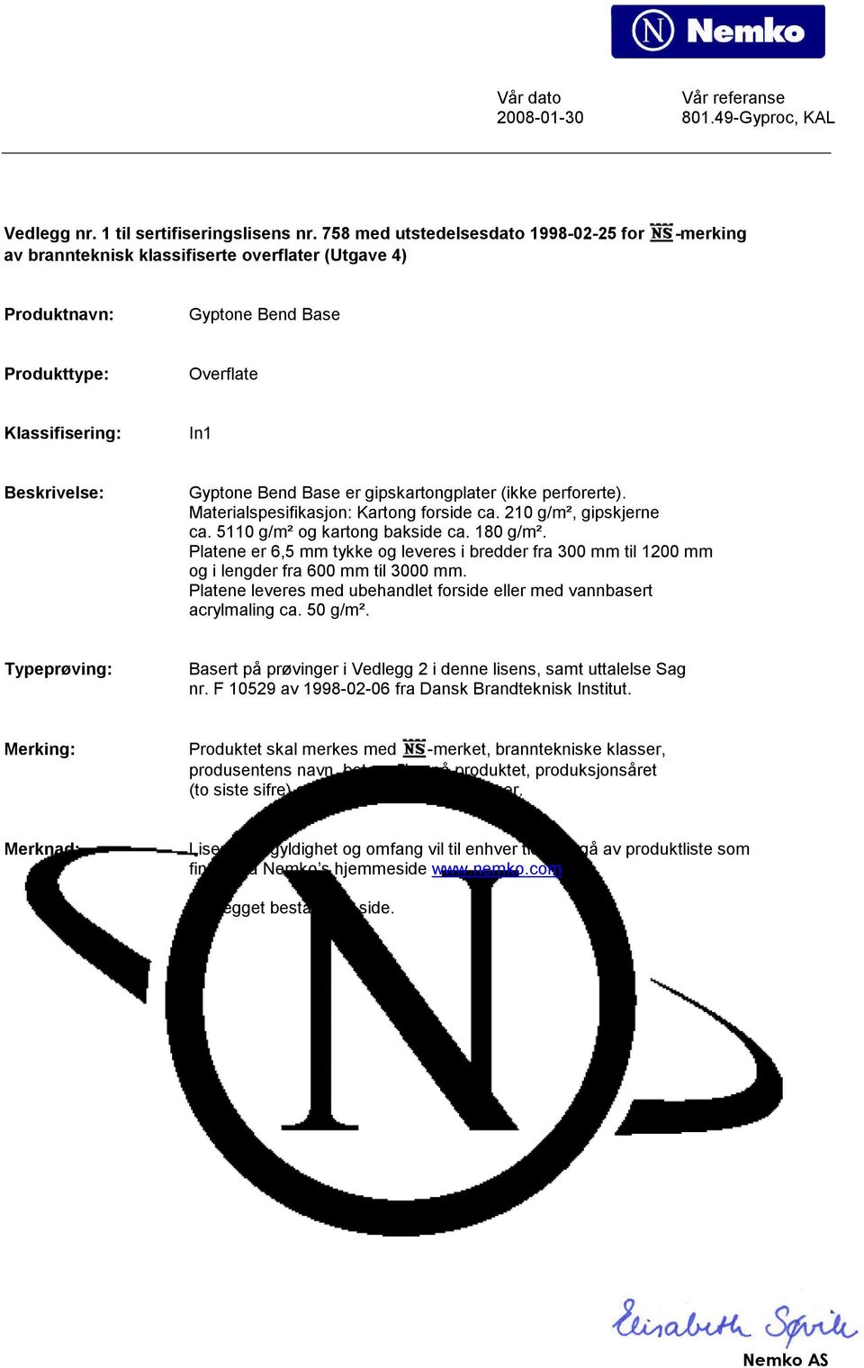 perforerte). Materialspesifikasjon: Kartong forside ca. 210 g/m², gipskjerne ca. 5110 g/m² og kartong bakside ca. 180 g/m².