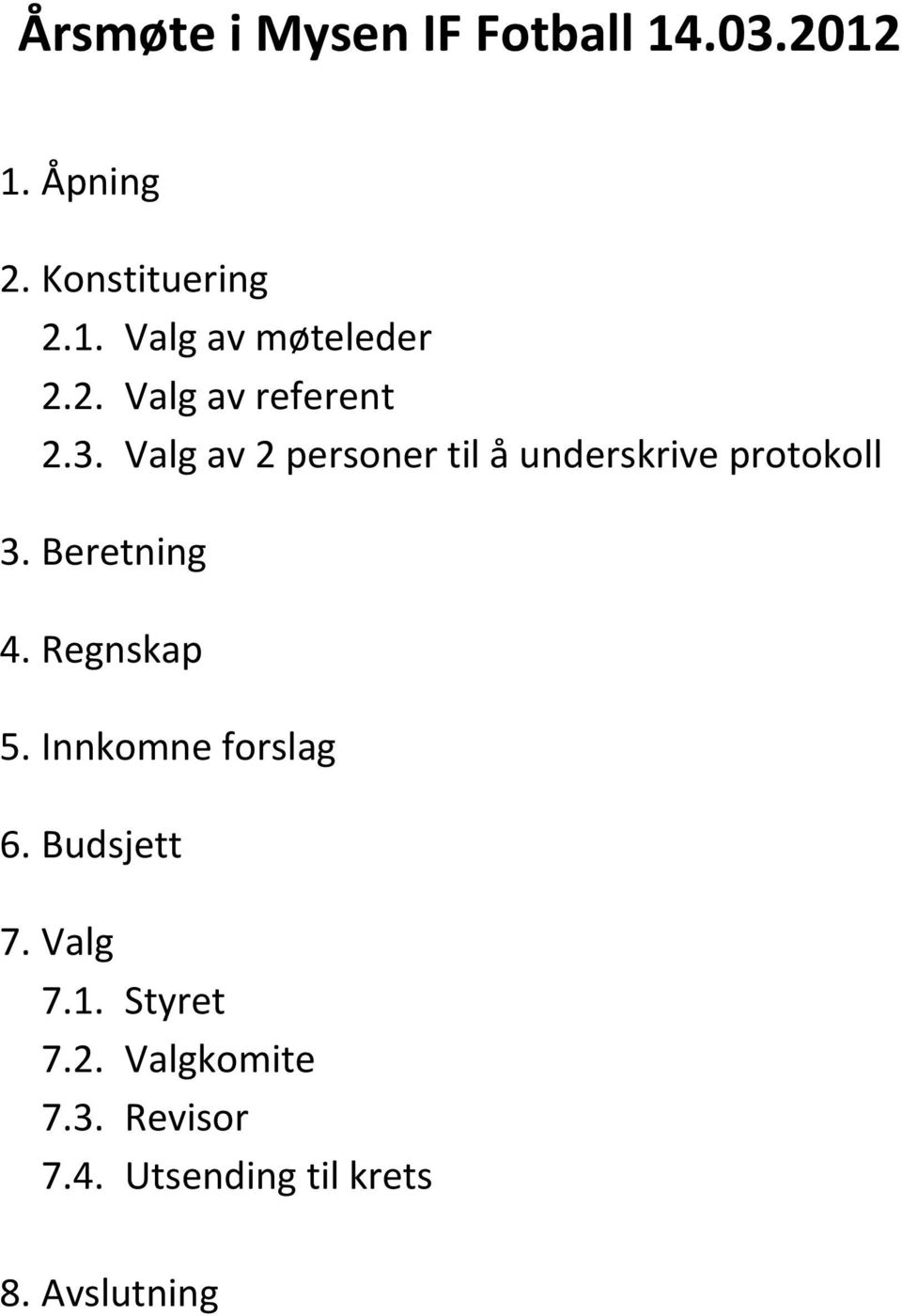 Beretning 4. Regnskap 5. Innkomne forslag 6. Budsjett 7. Valg 7.1. Styret 7.