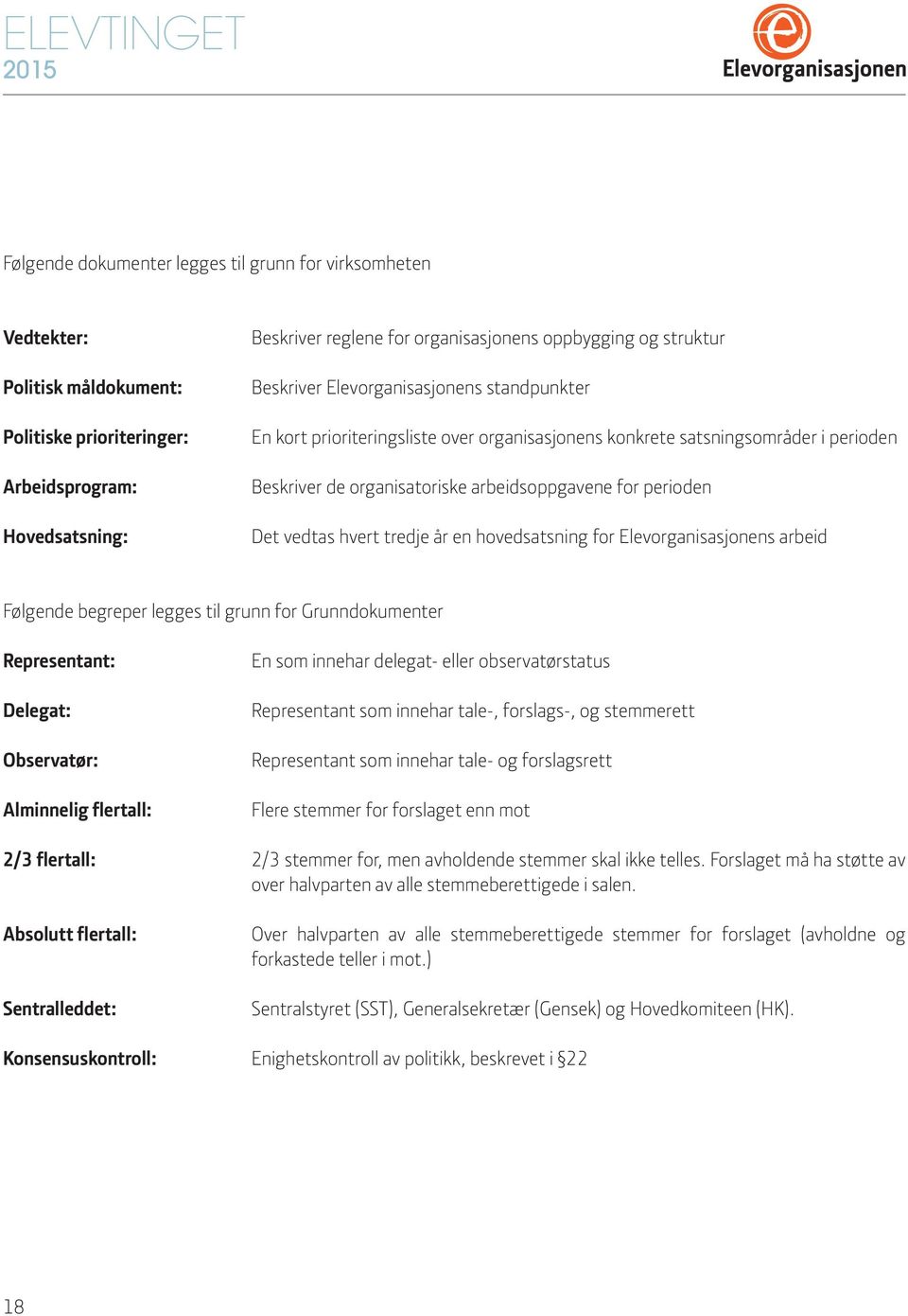 vedtas hvert tredje år en hovedsatsning for Elevorganisasjonens arbeid Følgende begreper legges til grunn for Grunndokumenter Representant: Delegat: Observatør: Alminnelig flertall: En som innehar