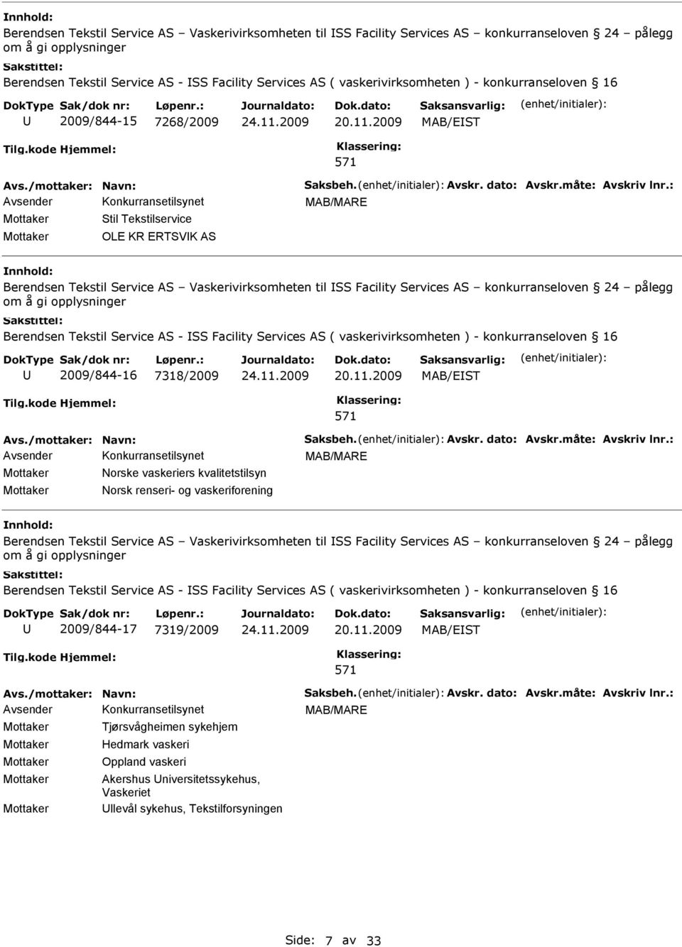 : MAB/MARE Stil Tekstilservice OLE KR ERTSVK AS  vaskerivirksomheten ) - konkurranseloven 16 2009/844-16 7318/2009 20.11.2009 MAB/EST 571 Avs./mottaker: Navn: Saksbeh. Avskr. dato: Avskr.