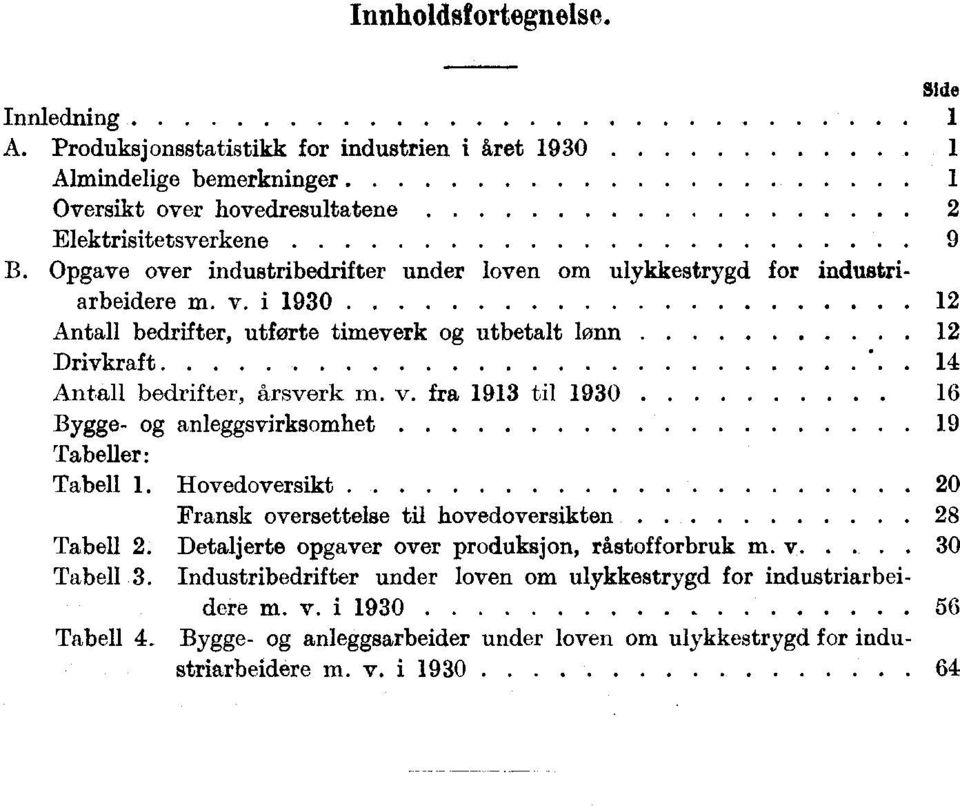 Hovedoversikt 20 Fransk oversettelse til hovedoversikten 28 Tabell 2. Detaljerte opgaver over produksjon, råstofforbruk m. v.. 30 Tabell 3. Industribedrifter under lov -en om.