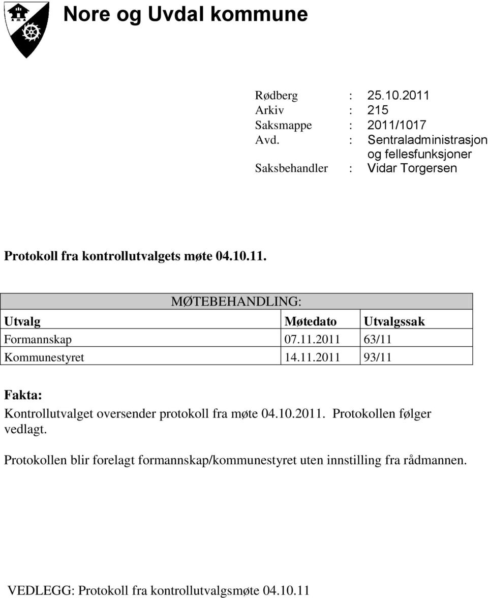 MØTEBEHANDLING: Utvalg Møtedato Utvalgssak Formannskap 07.11.2011 63/11 Kommunestyret 14.11.2011 93/11 Fakta: Kontrollutvalget oversender protokoll fra møte 04.