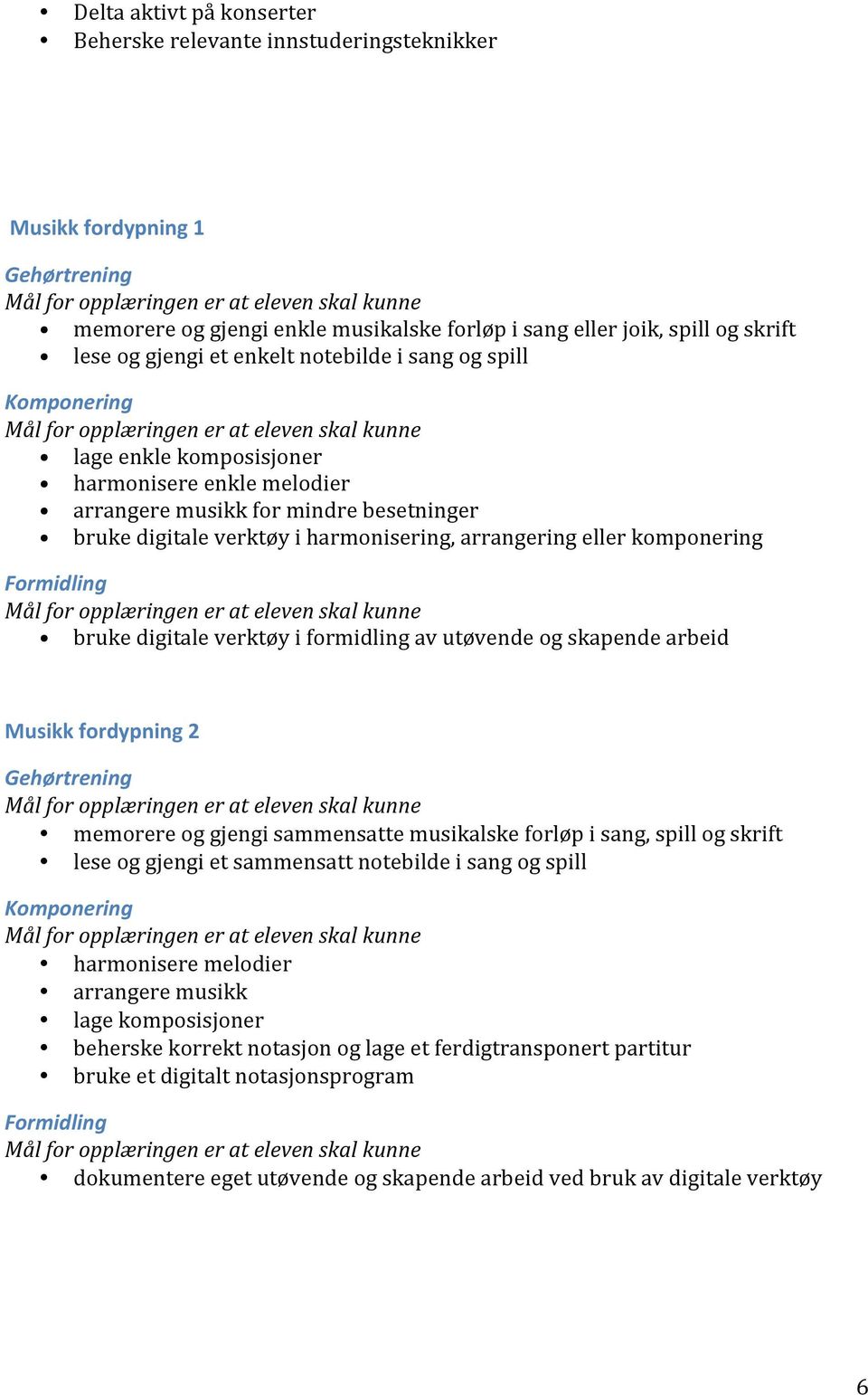 komponering Formidling bruke digitale verktøy i formidling av utøvende og skapende arbeid Musikk fordypning 2 Gehørtrening memorere og gjengi sammensatte musikalske forløp i sang, spill og skrift