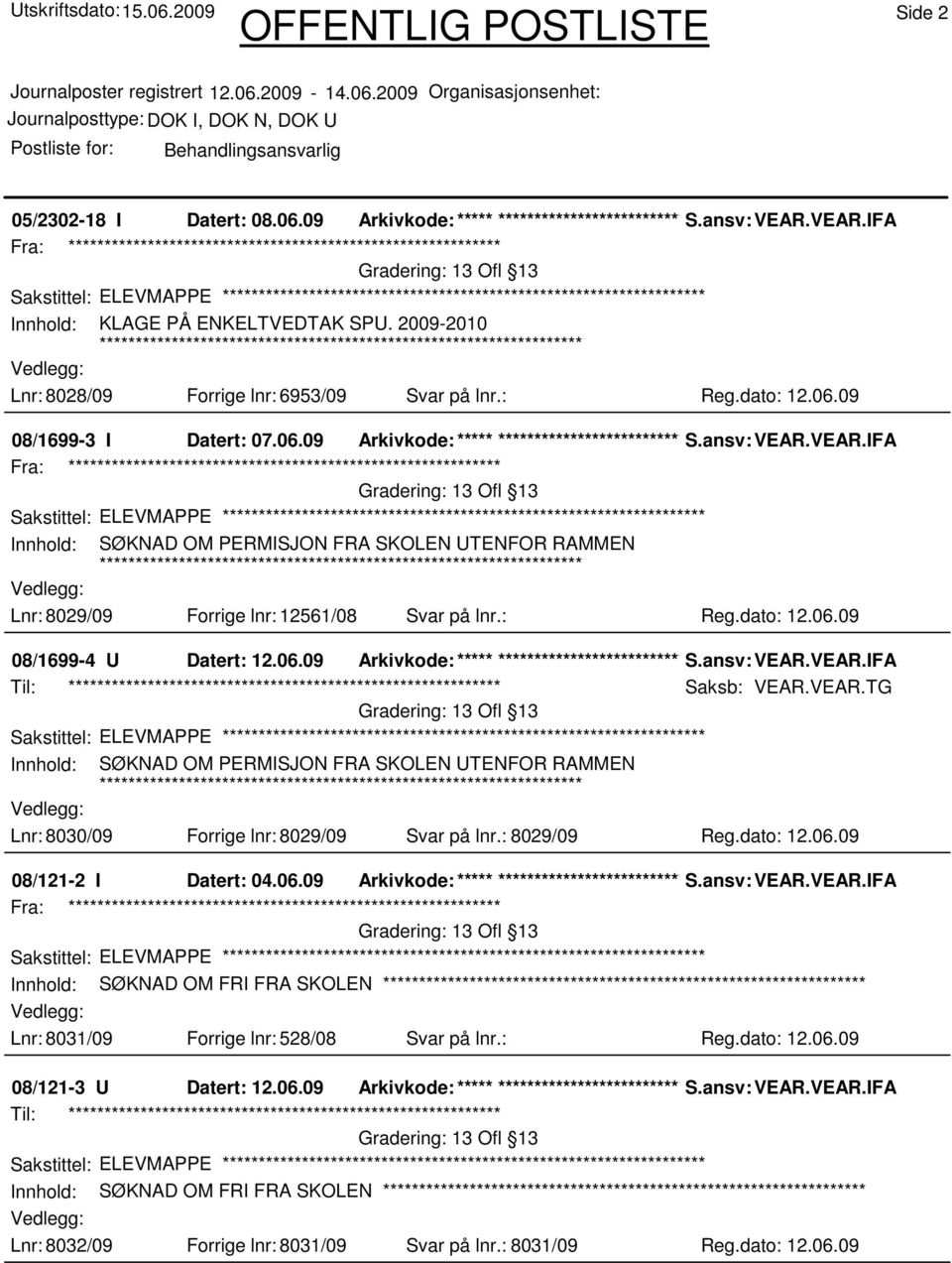 VEAR.IFA Innhold: SØKNAD OM PERMISJON FRA SKOLEN UTENFOR RAMMEN Lnr: 8029/09 Forrige lnr: 12561/08 Svar på lnr.: Reg.dato: 12.06.09 08/1699-4 U Datert: 12.06.09 Arkivkode:***** ****************************** S.
