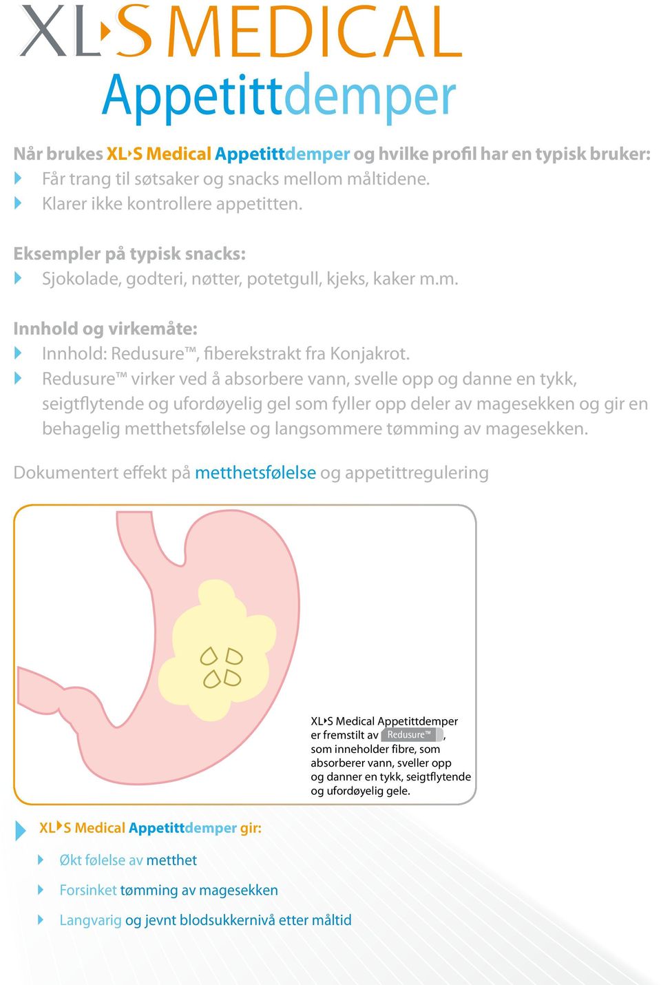 Redusure virker ved å absorbere vann, svelle opp og danne en tykk, seigtflytende og ufordøyelig gel som fyller opp deler av magesekken og gir en behagelig metthetsfølelse og langsommere tømming av
