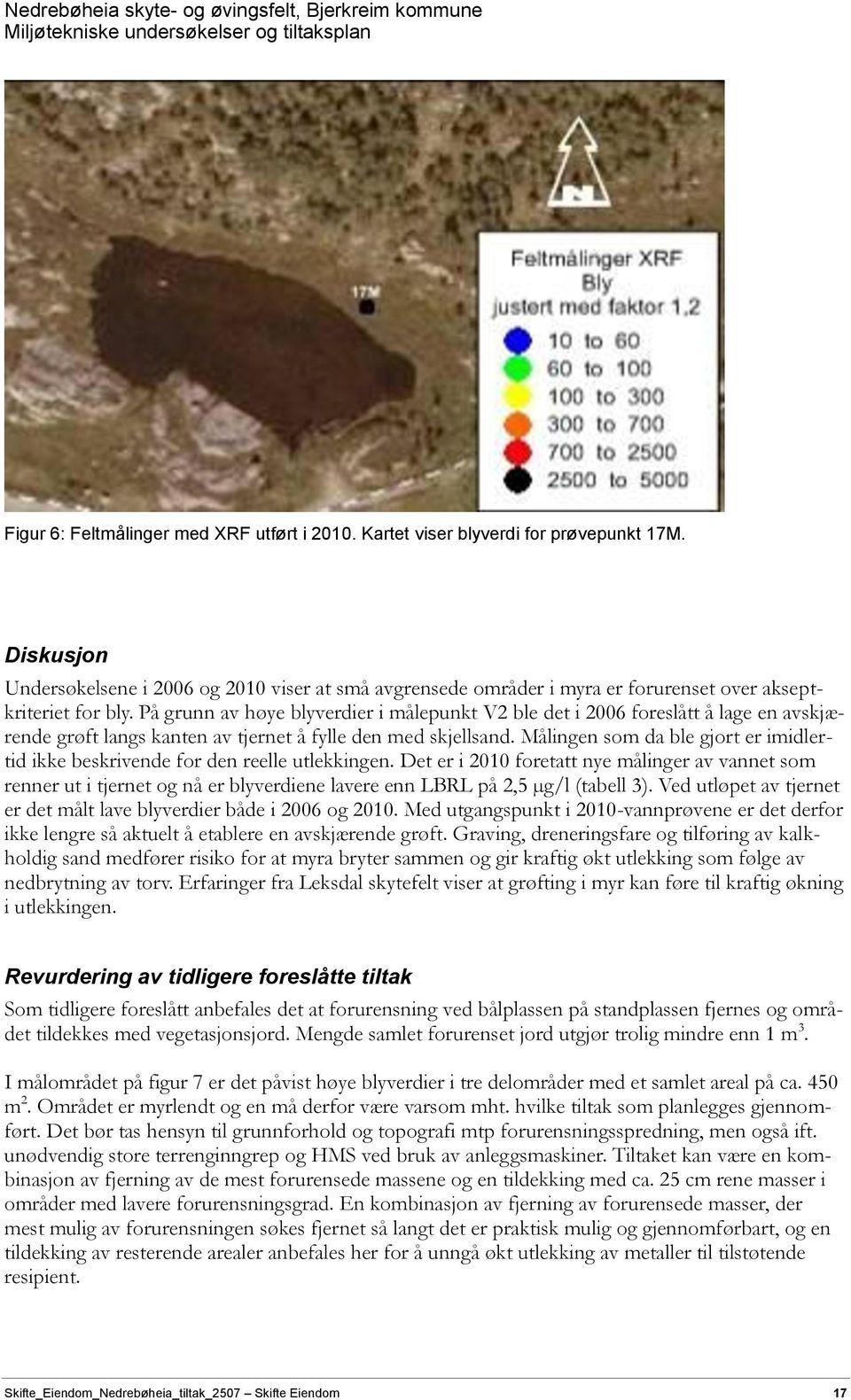 På grunn av høye blyverdier i målepunkt V2 ble det i 2006 foreslått å lage en avskjærende grøft langs kanten av tjernet å fylle den med skjellsand.