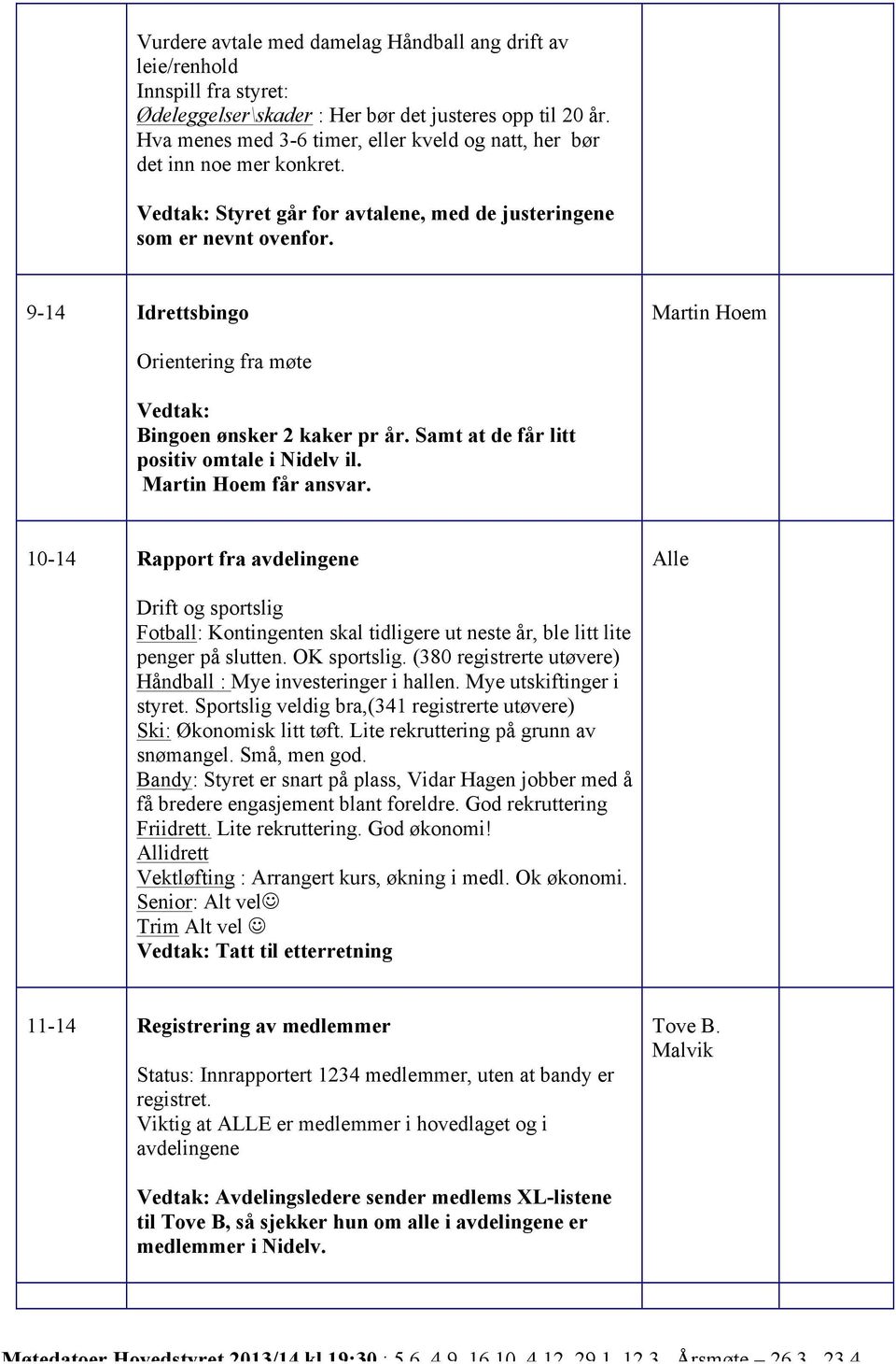 9-14 Idrettsbingo Martin Hoem Orientering fra møte Vedtak: Bingoen ønsker 2 kaker pr år. Samt at de får litt positiv omtale i Nidelv il. Martin Hoem får ansvar.