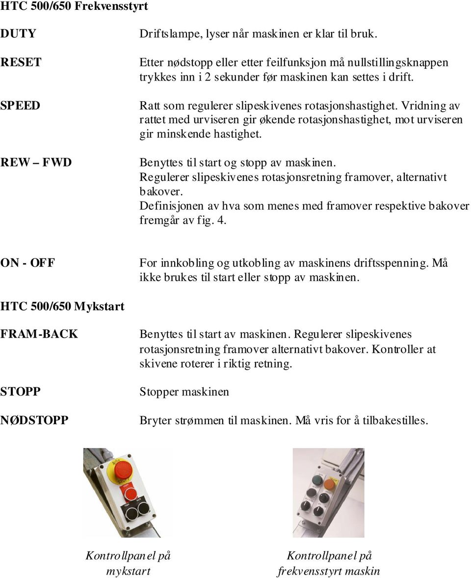 Vridning av rattet med urviseren gir økende rotasjonshastighet, mot urviseren gir minskende hastighet. Benyttes til start og stopp av maskinen.