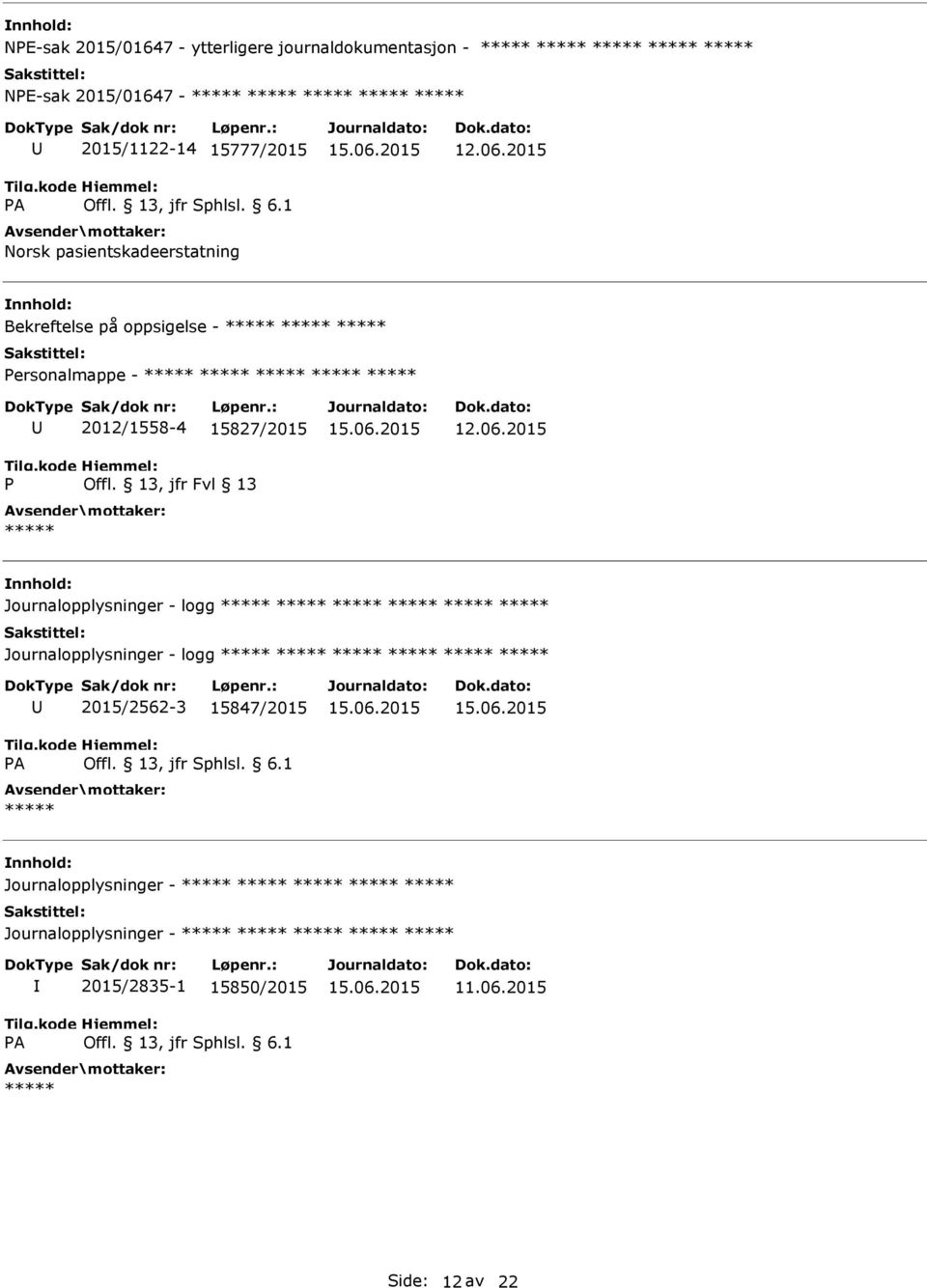 2012/1558-4 15827/2015 Journalopplysninger - logg Journalopplysninger - logg