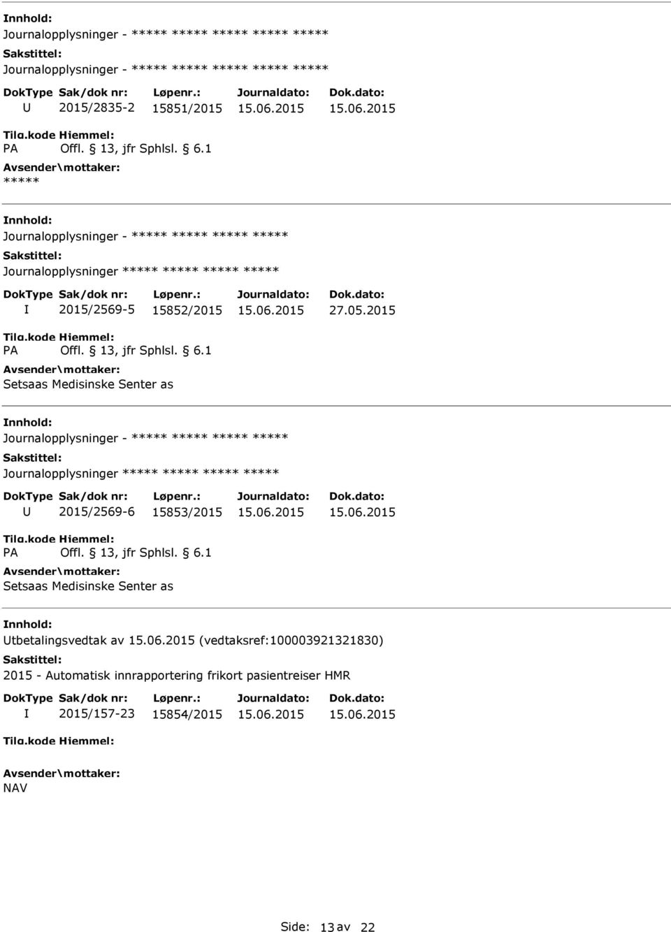 2015 Journalopplysninger - Journalopplysninger 2015/2569-6 15853/2015 Setsaas Medisinske Senter as