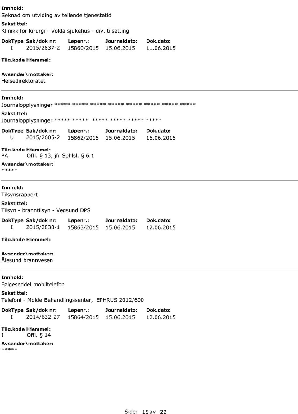 15862/2015 Tilsynsrapport Tilsyn - branntilsyn - Vegsund DS 2015/2838-1 15863/2015 Ålesund brannvesen