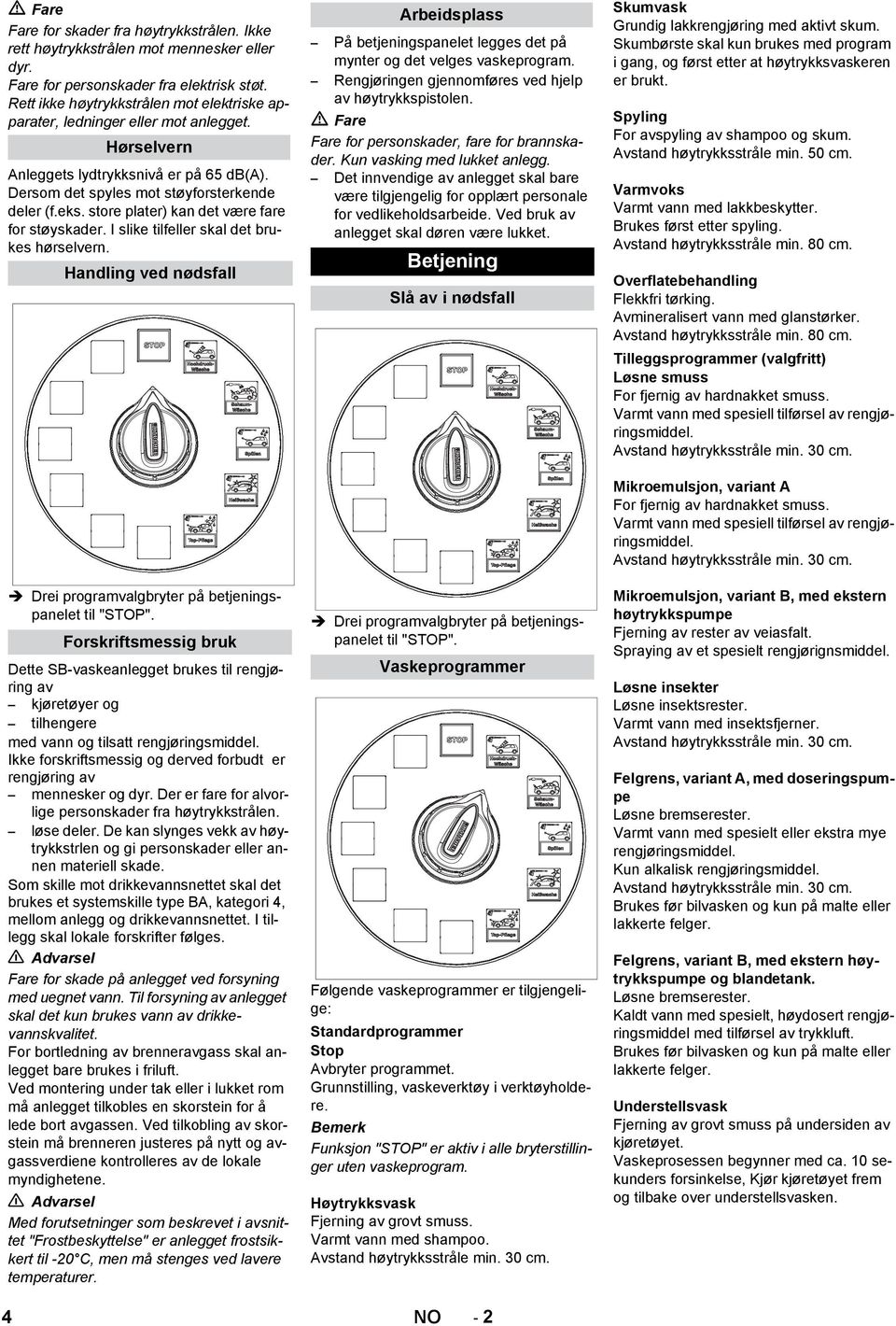 store plater) kan det være fare for støyskader. I slike tilfeller skal det brukes hørselvern. Handling ved nødsfall Drei programvalgbryter på betjeningspanelet til "STOP".