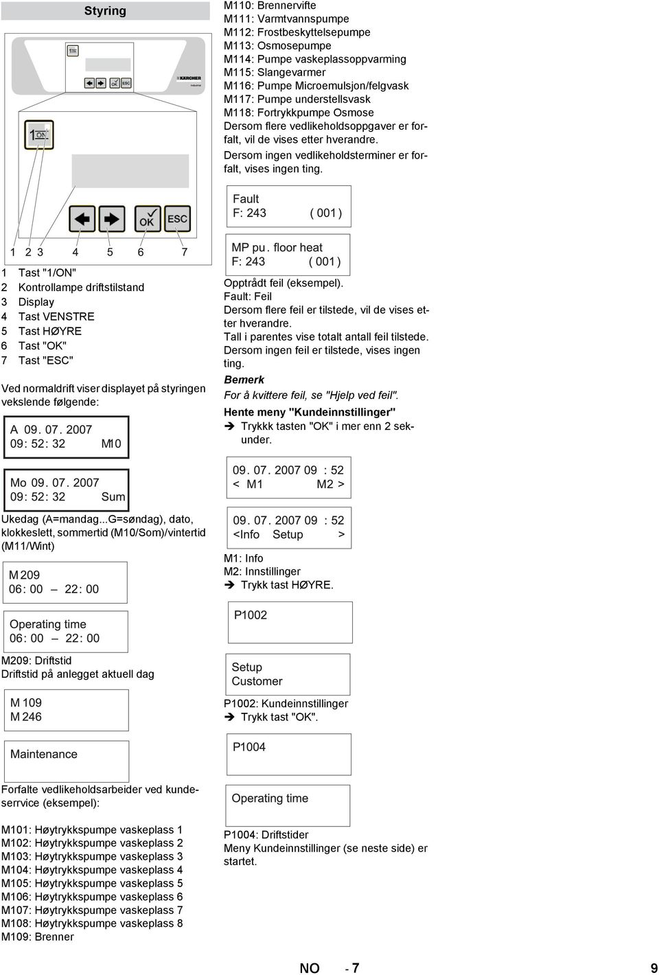 1 Tast "1/ON" 2 Kontrollampe driftstilstand 3 Display 4 Tast VENSTRE 5 Tast HØYRE 6 Tast "OK" 7 Tast "ESC" Ved normaldrift viser displayet på styringen vekslende følgende: Opptrådt feil (eksempel).