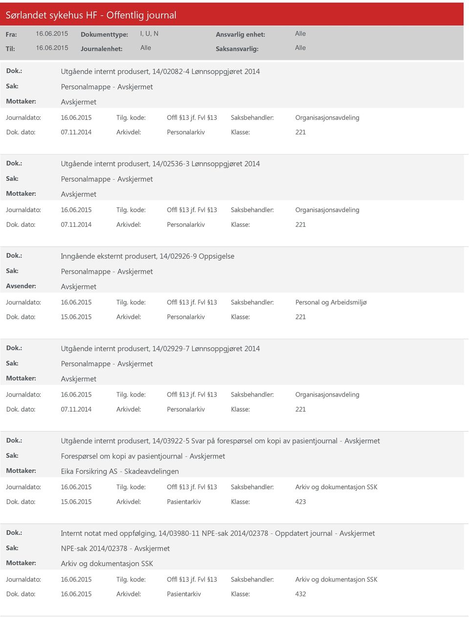 2015 Arkivdel: Personalarkiv Utgående internt produsert, 14/02929-7 Lønnsoppgjøret 2014 Personalmappe - Utgående internt produsert, 14/03922-5 Svar på forespørsel om kopi