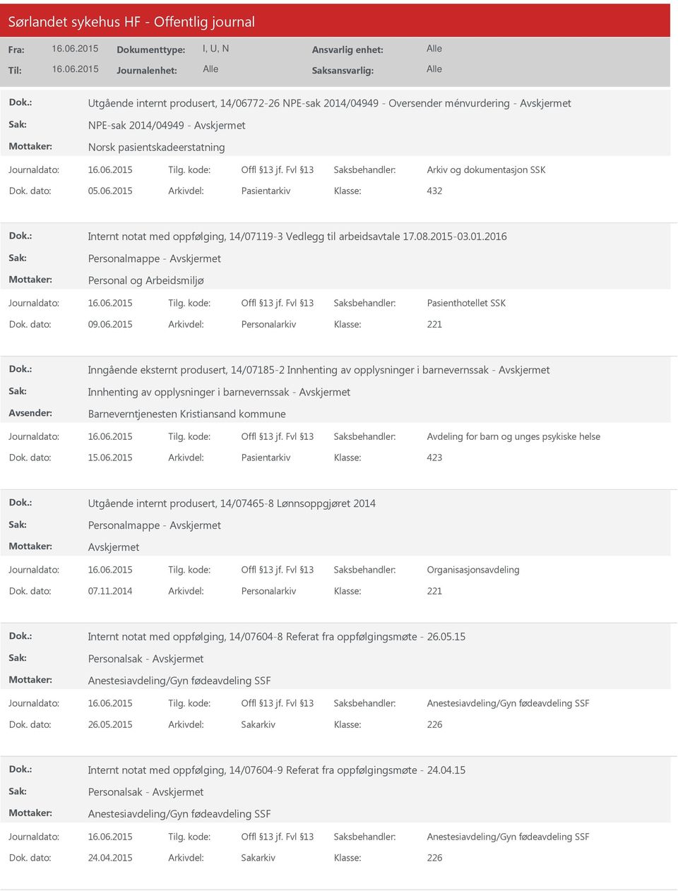 2015 Arkivdel: Personalarkiv Inngående eksternt produsert, 14/07185-2 Innhenting av opplysninger i barnevernssak - Innhenting av opplysninger i barnevernssak - Barneverntjenesten Kristiansand kommune