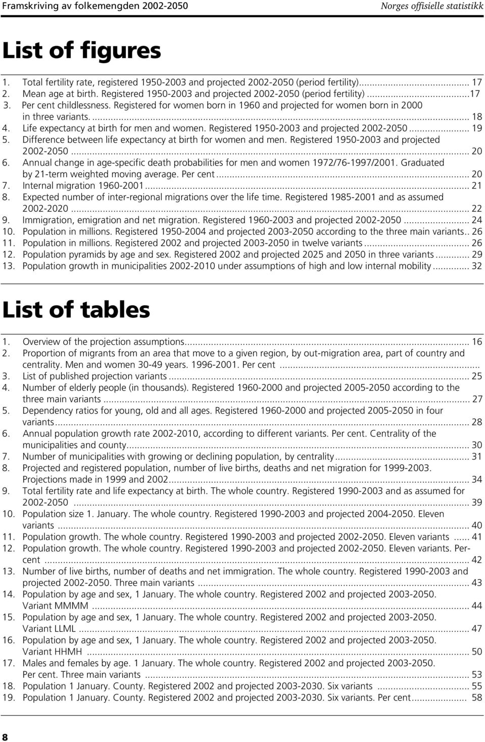 Life expectancy at birth for men and women. Registered 1950-2003 and projected 2002-2050...19 5. Difference between life expectancy at birth for women and men.