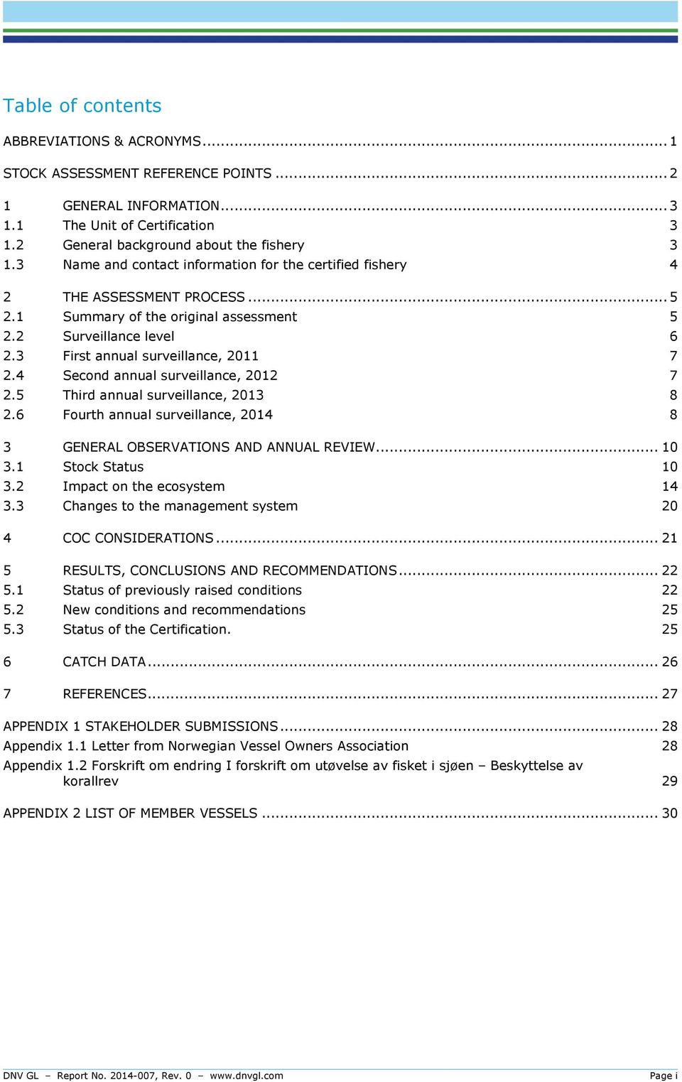 4 Second annual surveillance, 2012 7 2.5 Third annual surveillance, 2013 8 2.6 Fourth annual surveillance, 2014 8 3 GENERAL OBSERVATIONS AND ANNUAL REVIEW... 10 3.1 Stock Status 10 3.