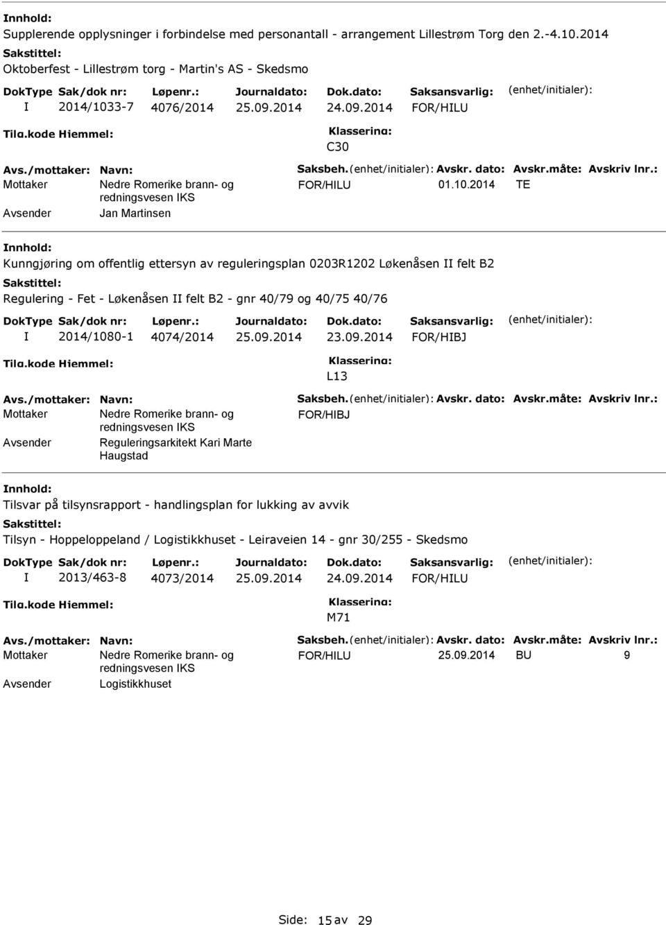 2014 TE Avsender Jan Martinsen Kunngjøring om offentlig ettersyn av reguleringsplan 0203R1202 Løkenåsen felt B2 Regulering - Fet - Løkenåsen felt B2 - gnr 40/79 og 40/75 40/76