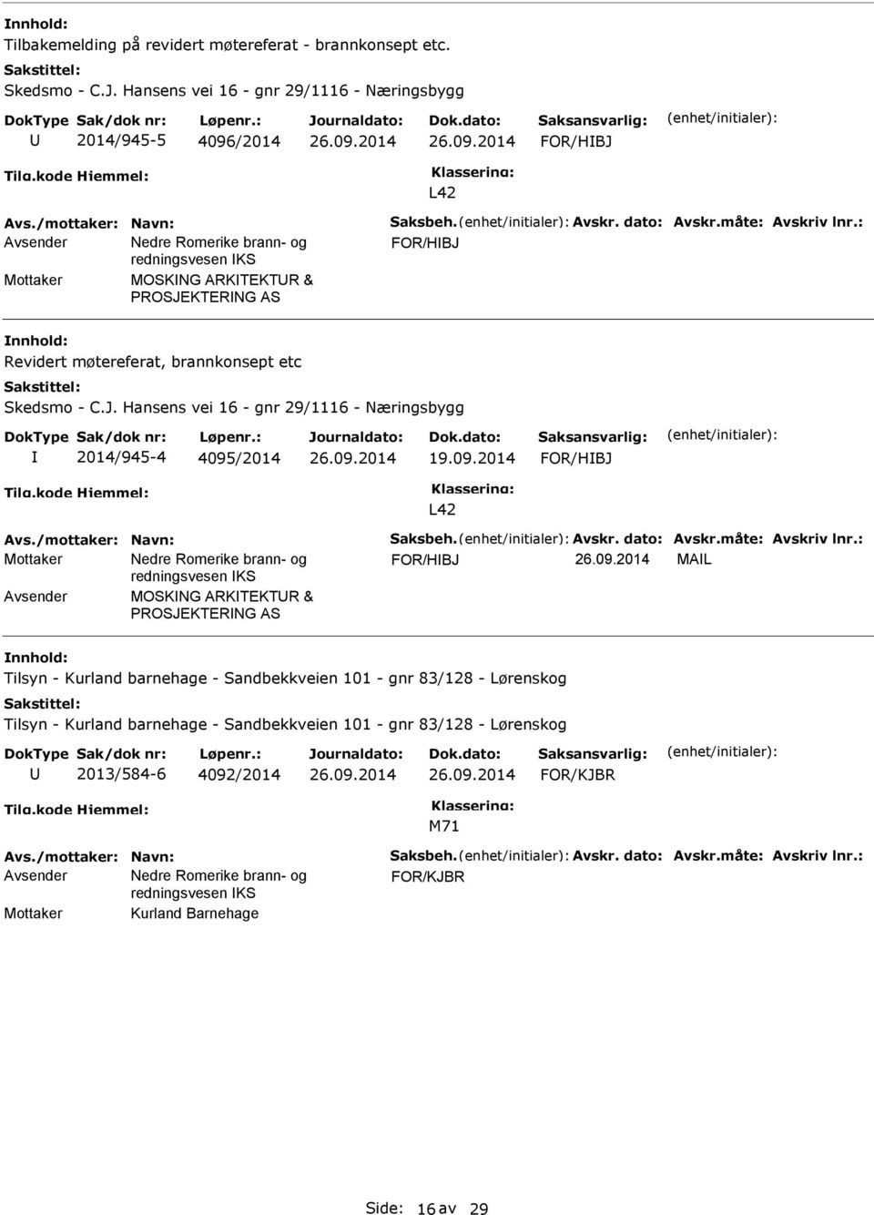 09.2014 19.09.2014 FOR/HBJ L42 FOR/HBJ 26.09.2014 MAL Avsender MOSKNG ARKTEKTR & PROSJEKTERNG AS Tilsyn - Kurland barnehage - Sandbekkveien 101 - gnr 83/128 - Lørenskog