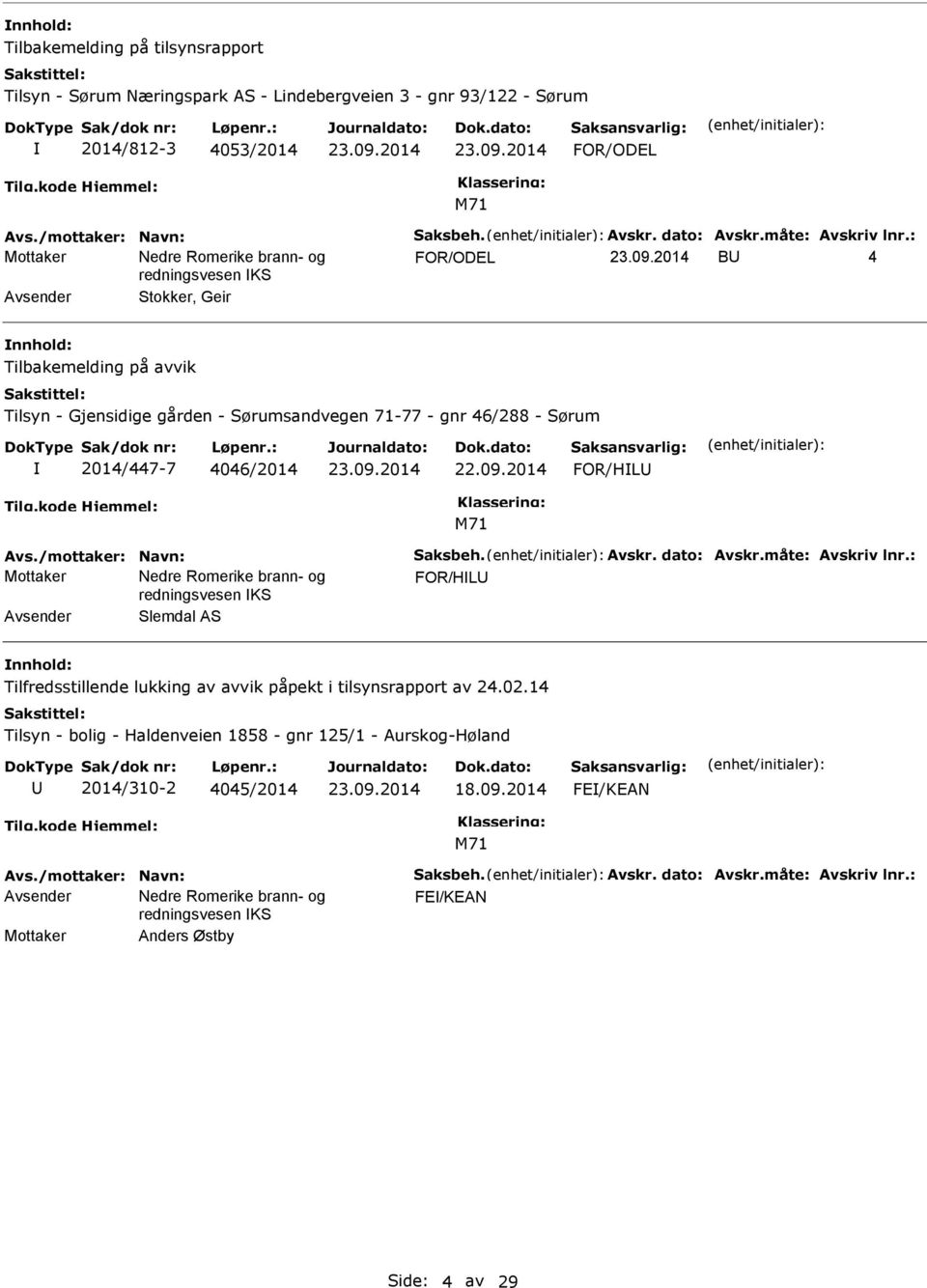 2014/447-7 4046/2014 FOR/HL FOR/HL Avsender Slemdal AS Tilfredsstillende lukking av avvik påpekt i tilsynsrapport av 24.02.