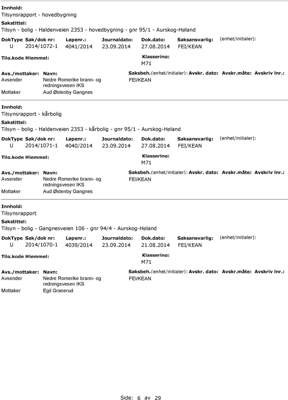 2014 FE/KEAN FE/KEAN Mottaker Aud Østenby Gangnes Tilsynsrapport - kårbolig Tilsyn - bolig - Haldenveien 2353 - kårbolig - gnr