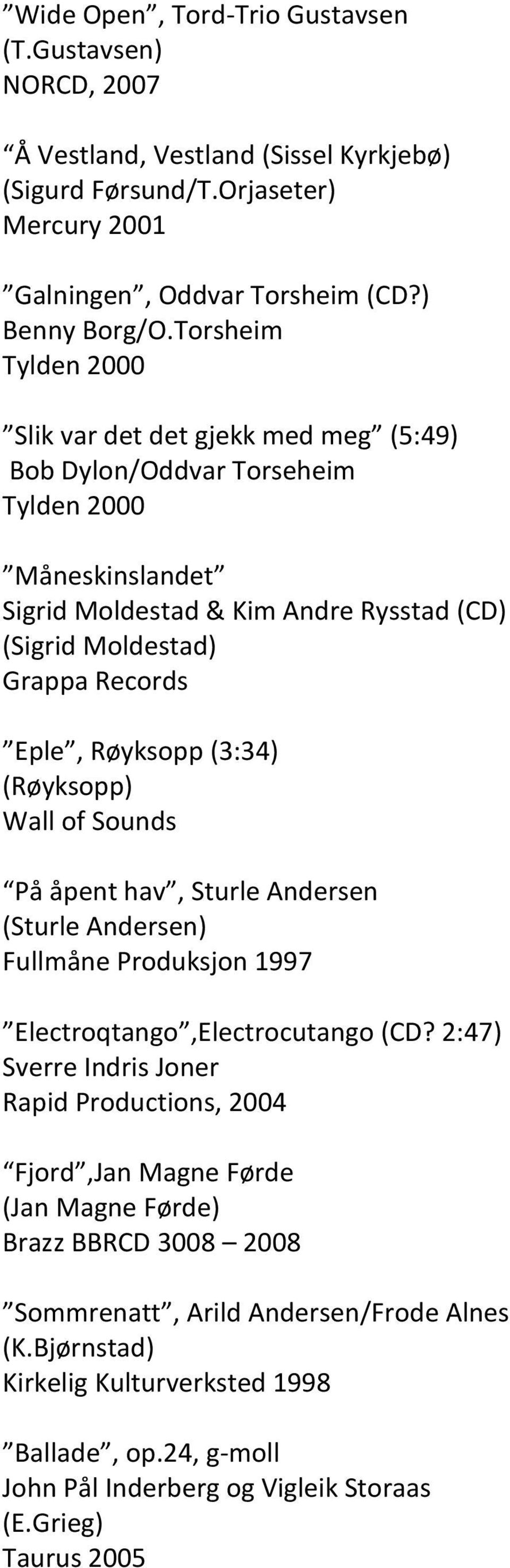 Røyksopp (3:34) (Røyksopp) Wall of Sounds På åpent hav, Sturle Andersen (Sturle Andersen) Fullmåne Produksjon 1997 Electroqtango,Electrocutango (CD?