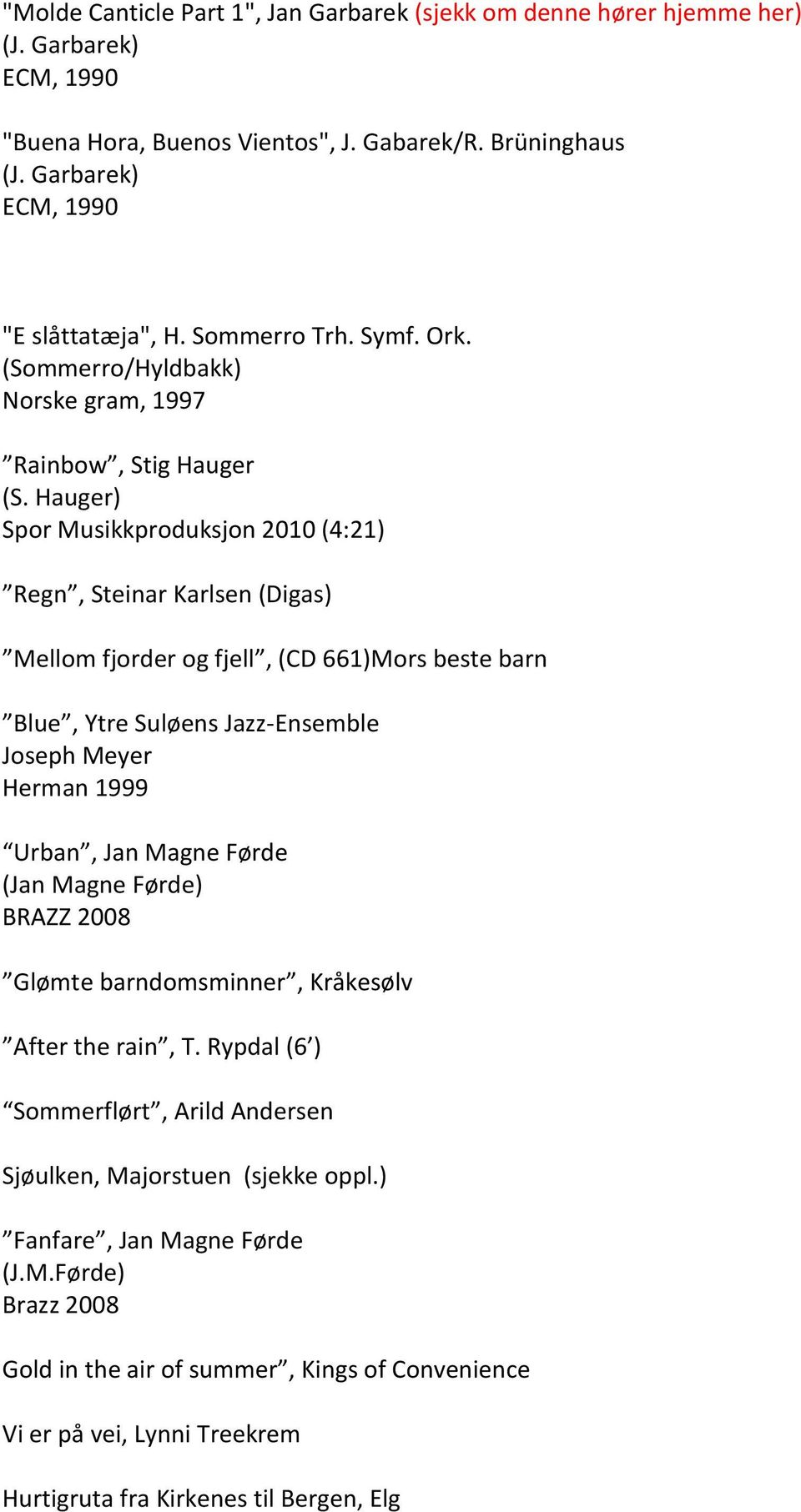 Hauger) Spor Musikkproduksjon 2010 (4:21) Regn, Steinar Karlsen (Digas) Mellom fjorder og fjell, (CD 661)Mors beste barn Blue, Ytre Suløens Jazz-Ensemble Joseph Meyer Herman 1999 Urban, Jan Magne