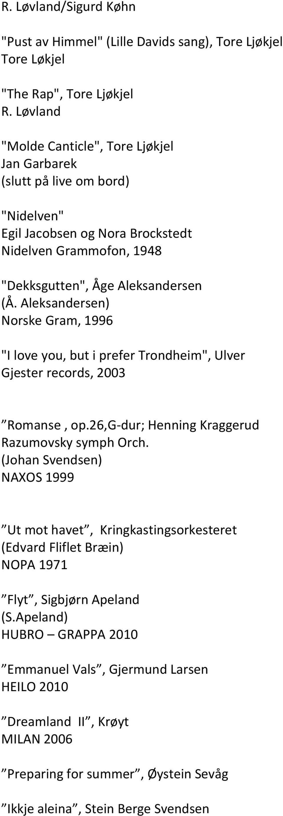 Aleksandersen) Norske Gram, 1996 "I love you, but i prefer Trondheim", Ulver Gjester records, 2003 Romanse, op.26,g-dur; Henning Kraggerud Razumovsky symph Orch.