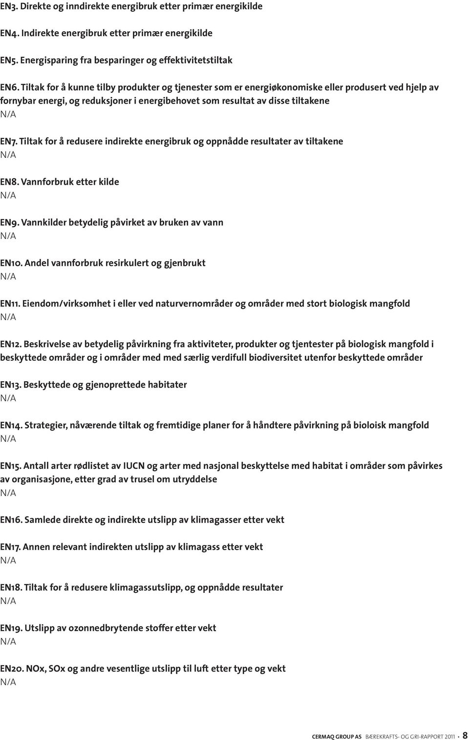 Tiltak for å redusere indirekte energibruk og oppnådde resultater av tiltakene EN8. Vannforbruk etter kilde EN9. Vannkilder betydelig påvirket av bruken av vann EN10.