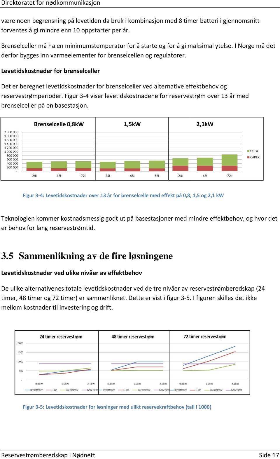 Levetidskostnader for brenselceller Det er beregnet levetidskostnader for brenselceller ved alternative effektbehov og reservestrømperioder.