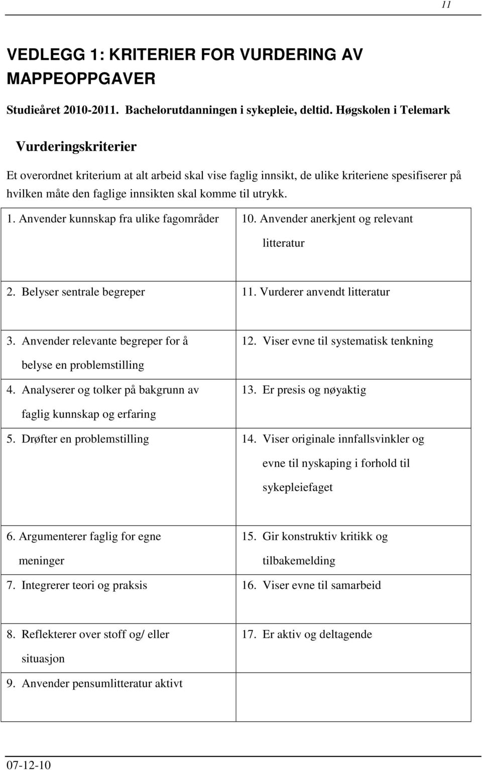 1. Anvender kunnskap fra ulike fagområder 10. Anvender anerkjent og relevant litteratur 2. Belyser sentrale begreper 11. Vurderer anvendt litteratur 3. Anvender relevante begreper for å 12.