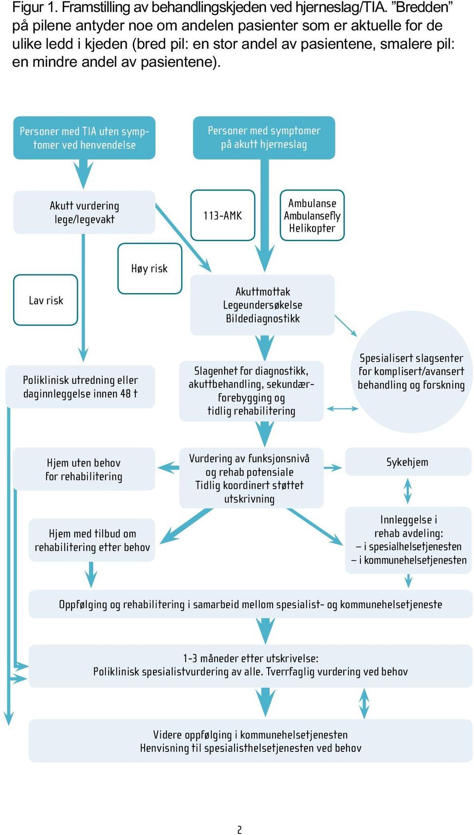 Personer med TIA uten symptomer ved henvendelse Personer med symptomer på akutt hjerneslag Akutt vurdering lege/legevakt 113-AMK Ambulanse Ambulansefly Helikopter Høy risk Lav risk Akuttmottak