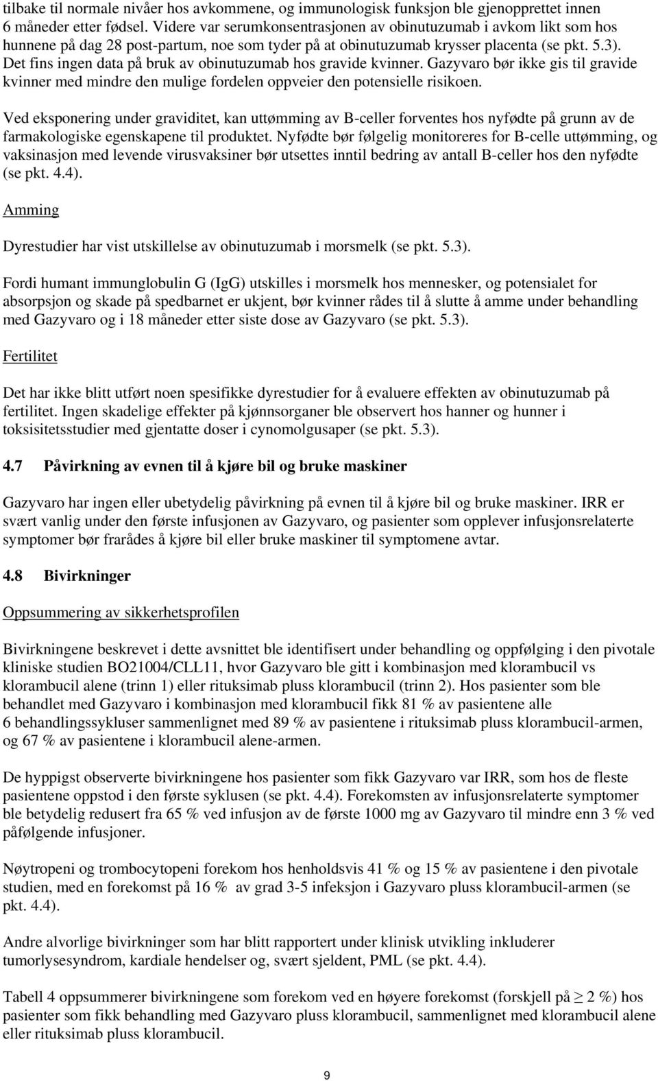 Det fins ingen data på bruk av obinutuzumab hos gravide kvinner. Gazyvaro bør ikke gis til gravide kvinner med mindre den mulige fordelen oppveier den potensielle risikoen.