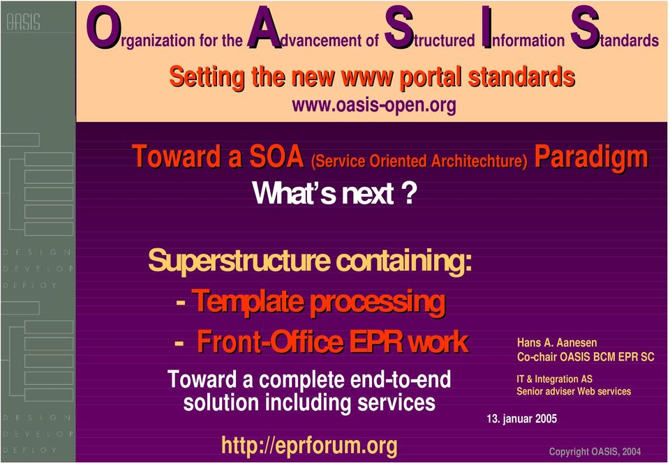 Superstructure containing: - Template processing - Front-Office EPR work Toward a complete end-to-end solution