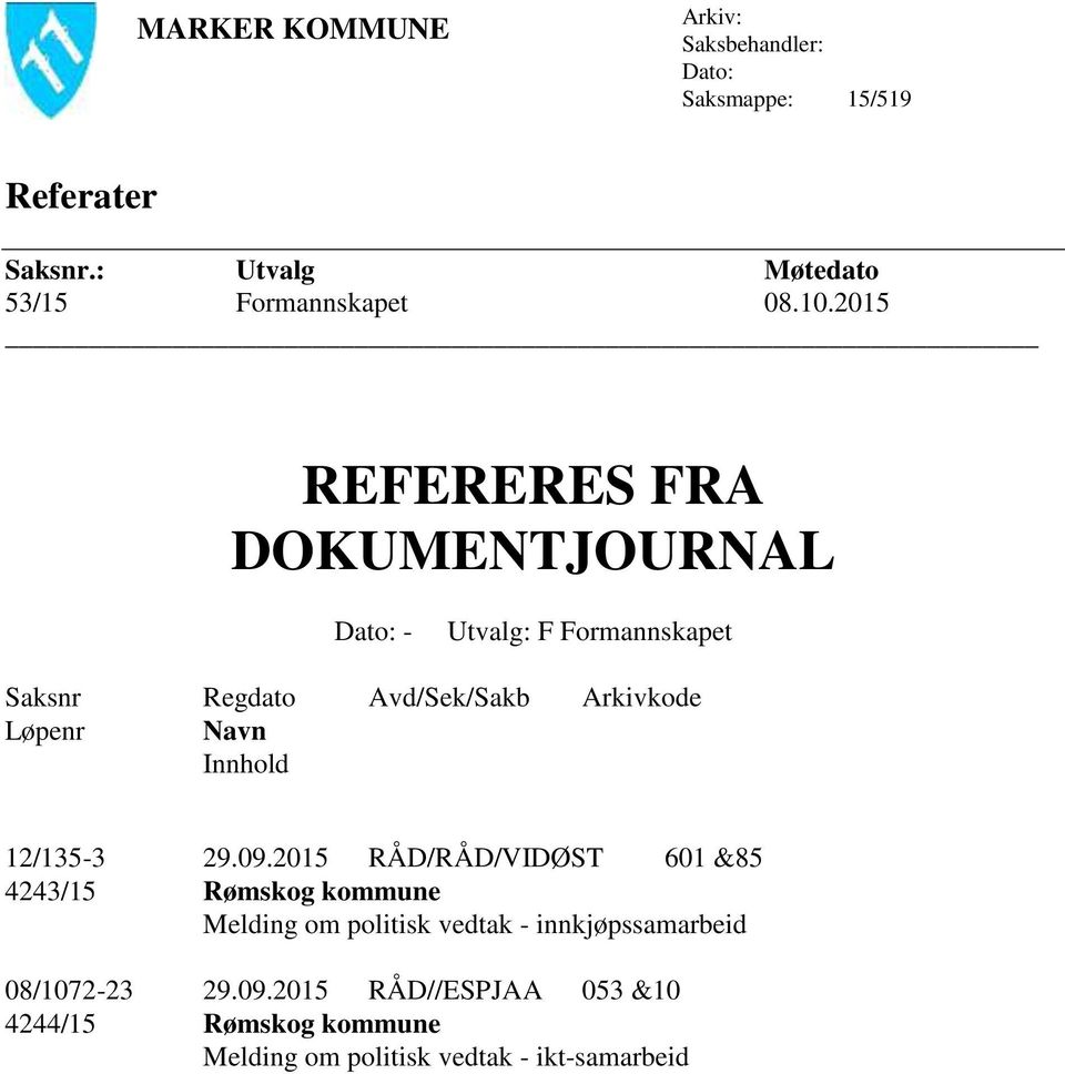 2015 REFERERES FRA DOKUMENTJOURNAL Dato: - Utvalg: F Formannskapet Saksnr Regdato Avd/Sek/Sakb Arkivkode Løpenr Navn