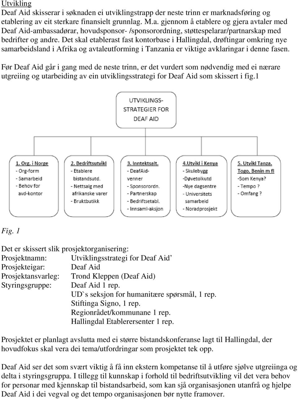 Før Deaf Aid går i gang med de neste trinn, er det vurdert som nødvendig med ei nærare utgreiing og utarbeiding av ein utviklingsstrategi for Deaf Aid som skissert i fig.1 Fig.