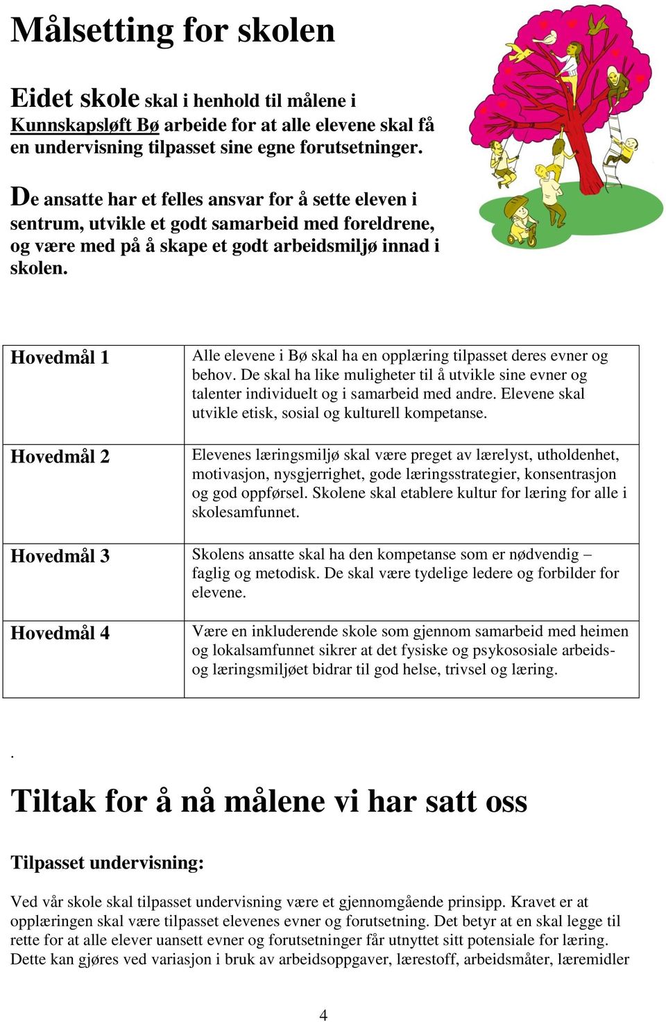 Hovedmål 1 Hovedmål 2 Alle elevene i Bø skal ha en opplæring tilpasset deres evner og behov. De skal ha like muligheter til å utvikle sine evner og talenter individuelt og i samarbeid med andre.