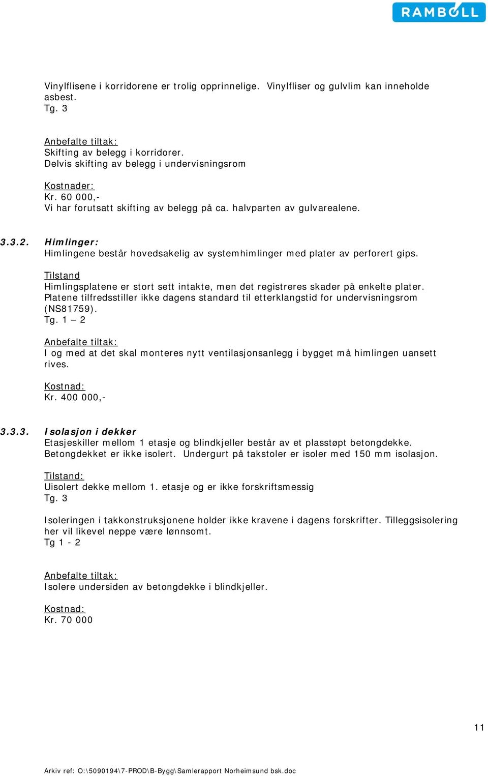 Tilstand Himlingsplatene er stort sett intakte, men det registreres skader på enkelte plater. Platene tilfredsstiller ikke dagens standard til etterklangstid for undervisningsrom (NS81759). Tg.